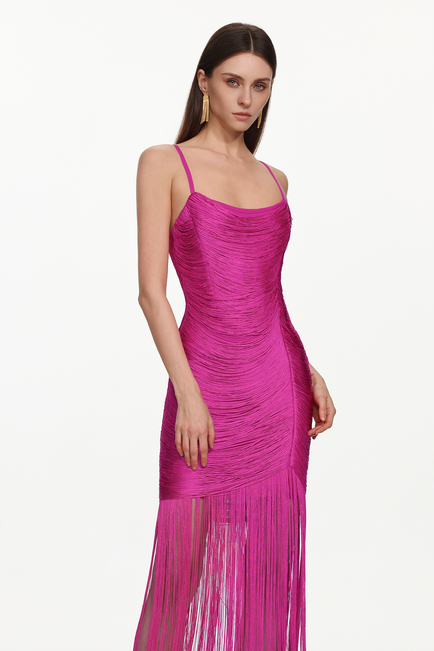 Rexanne Glamorous Contour Sleeveless Fringe Bandage Maxi Dress