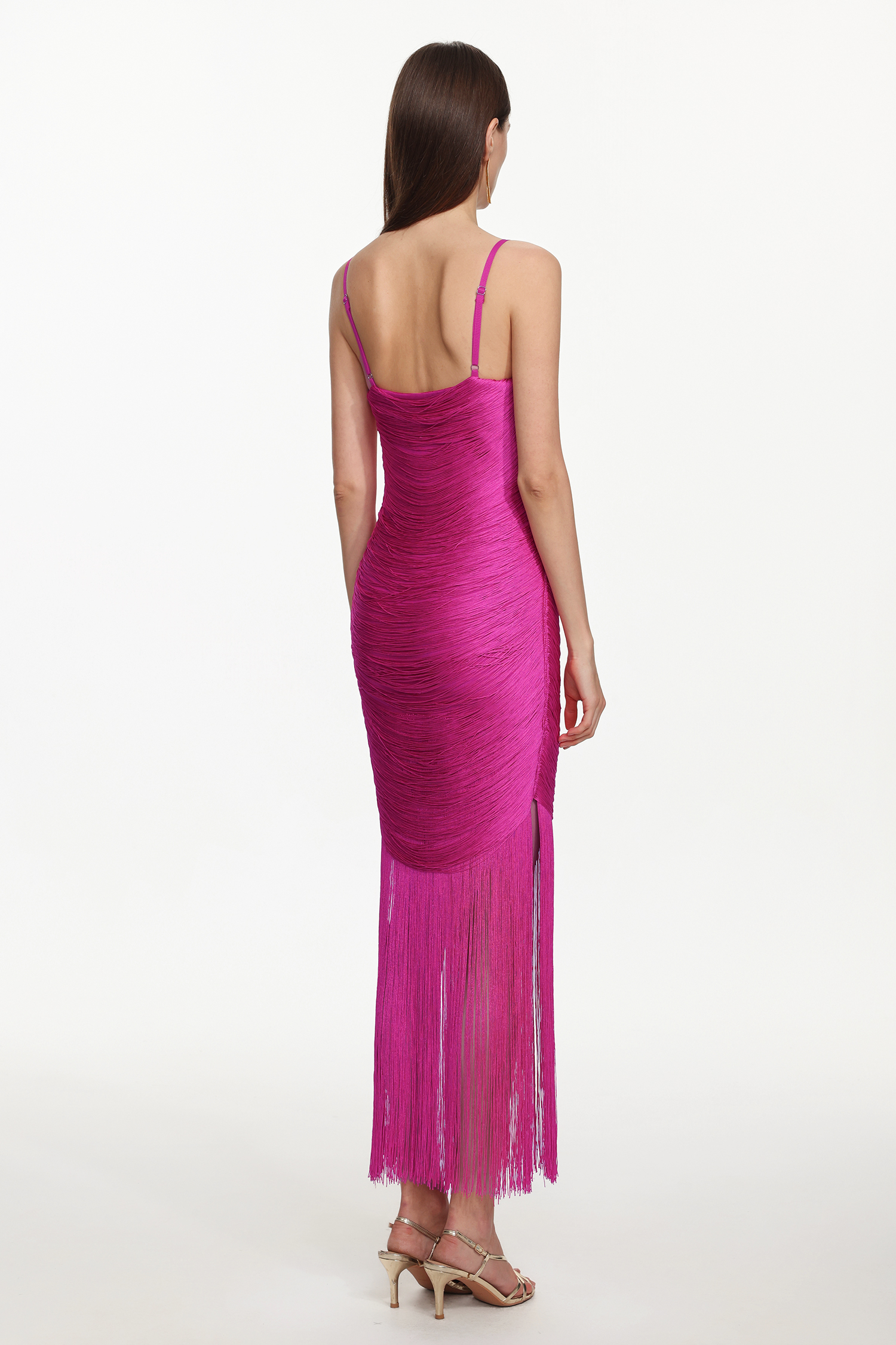 Rexanne Glamorous Contour Sleeveless Fringe Bandage Maxi Dress