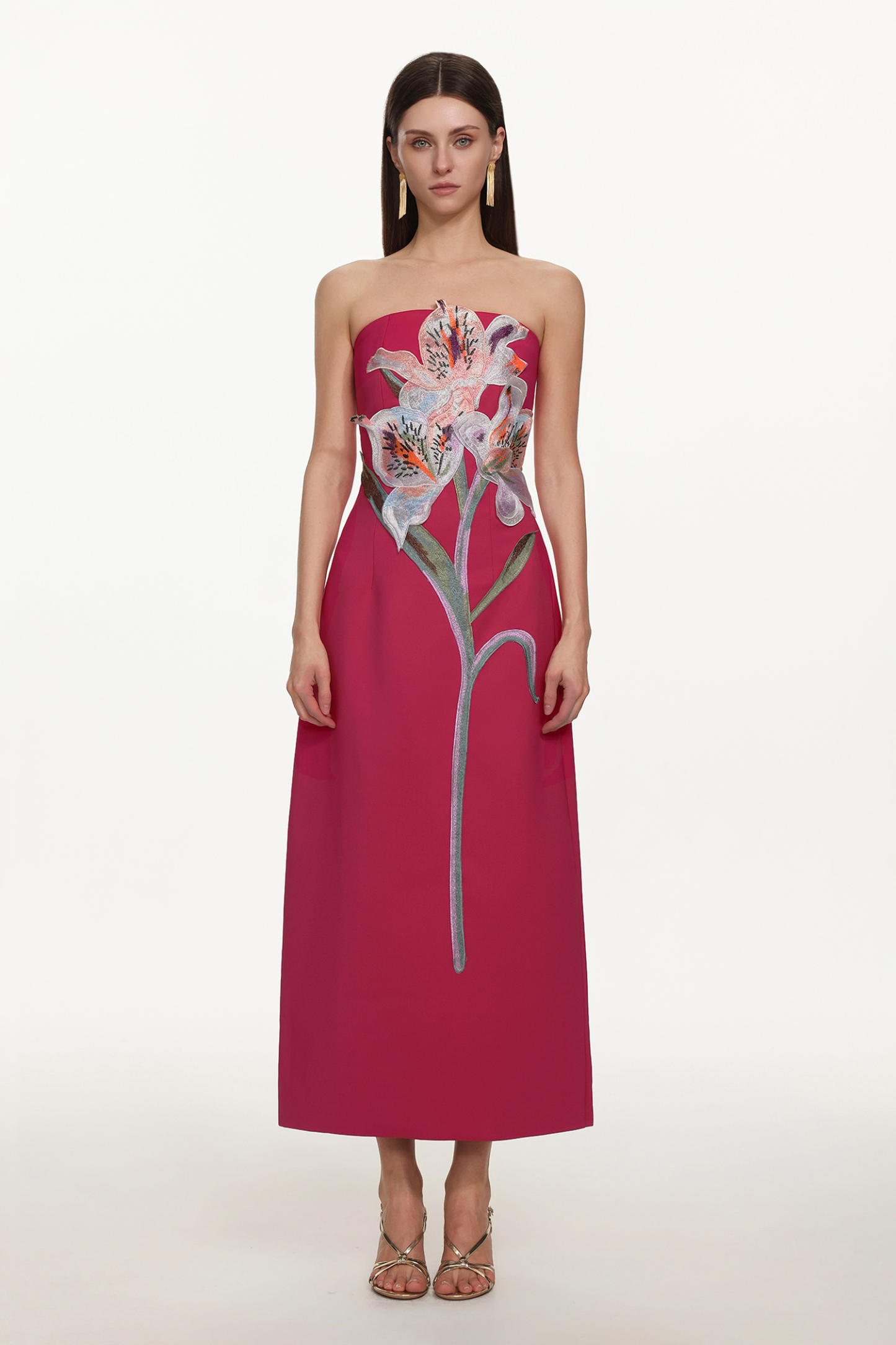 Xava Classic Tailored Strapless Floral Embroidered Rose Pink Maxi Dress