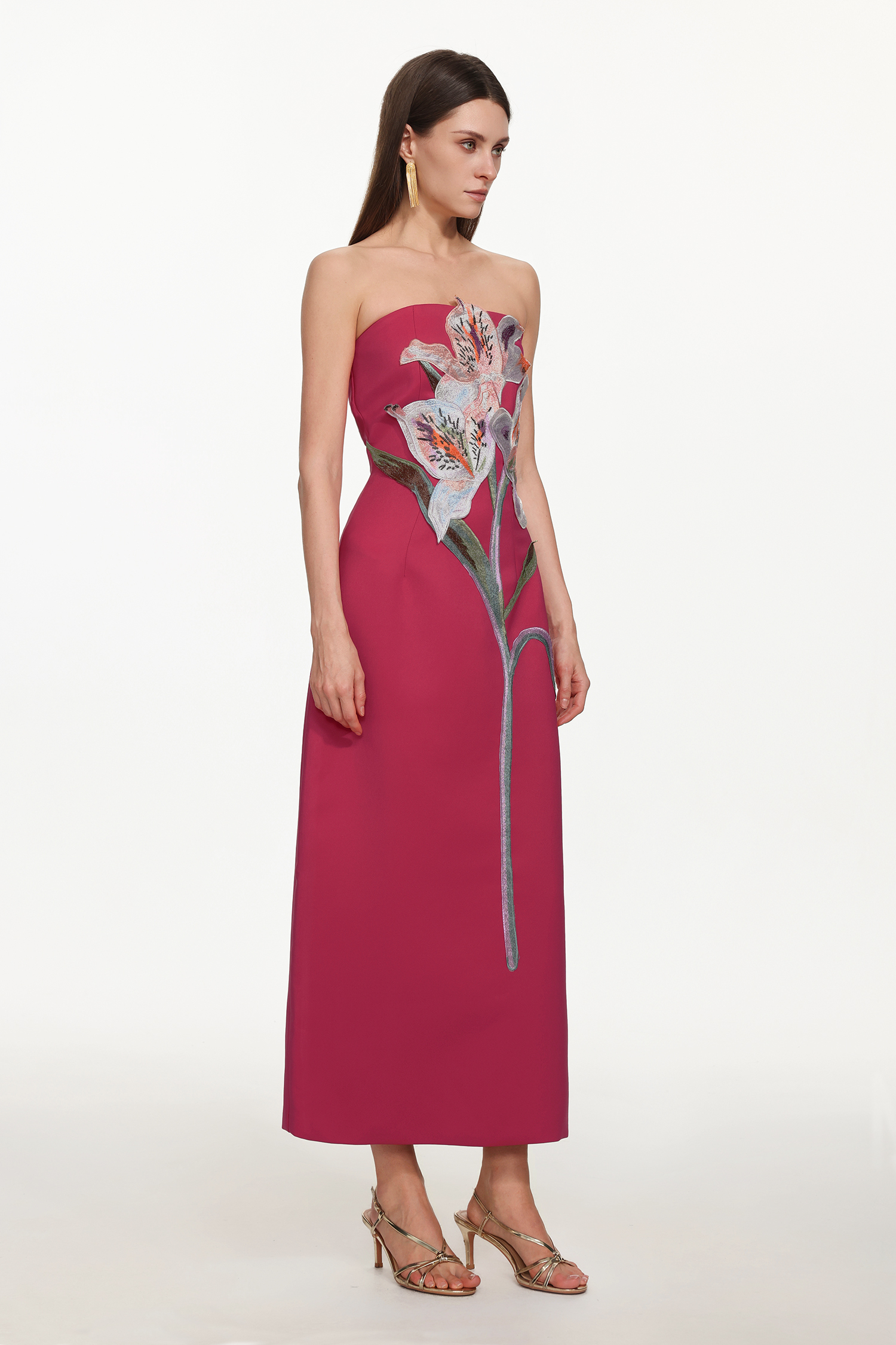Xava Classic Tailored Strapless Floral Embroidered Rose Pink Maxi Dress