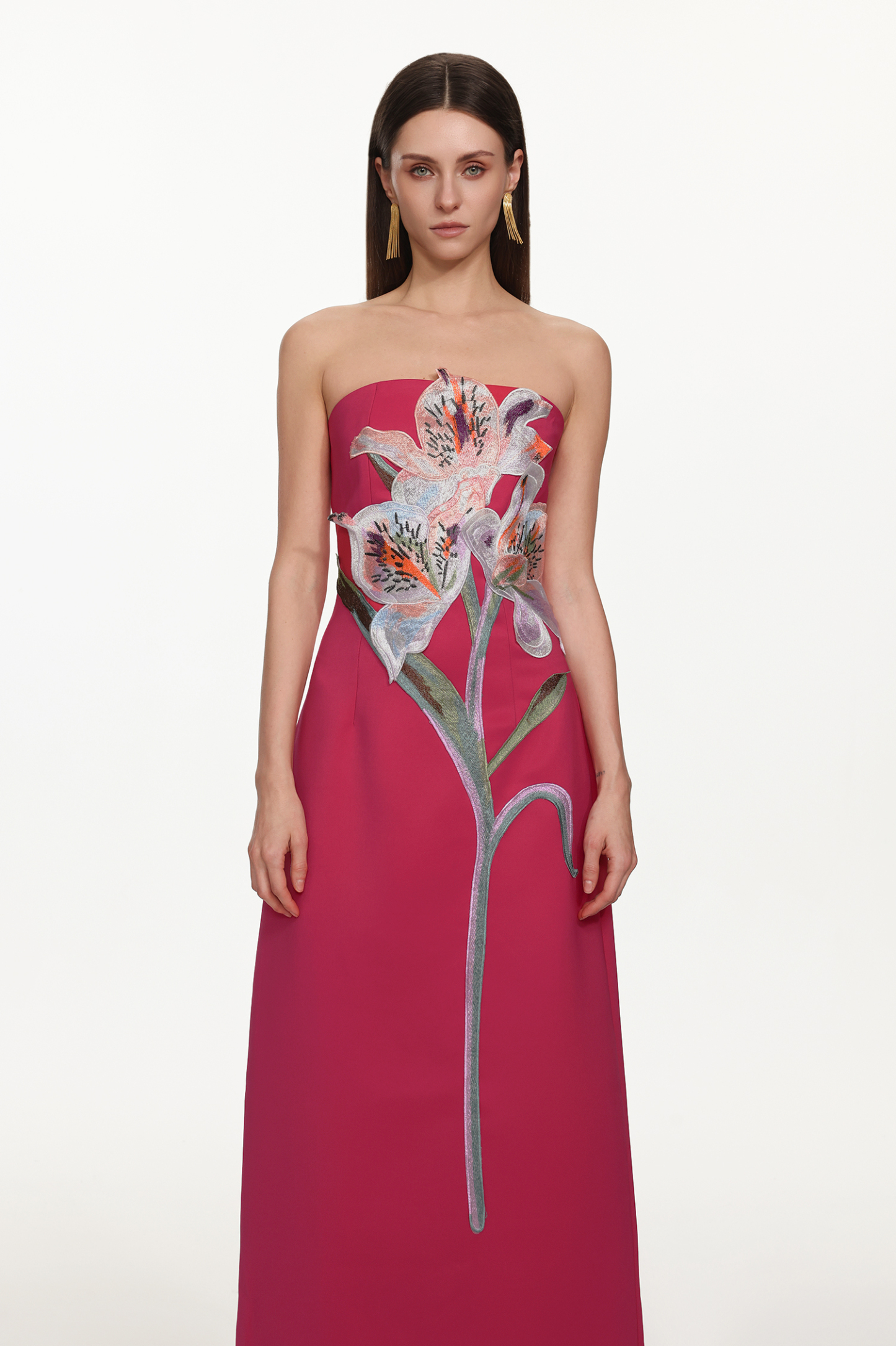 Xava Classic Tailored Strapless Floral Embroidered Rose Pink Maxi Dress