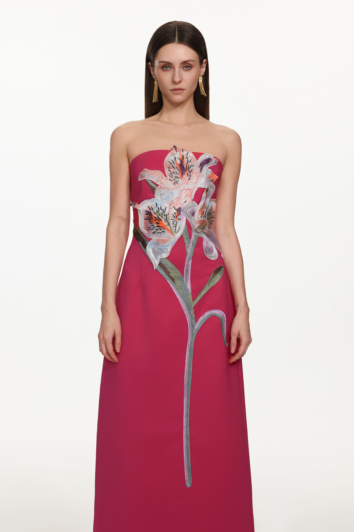 Xava Classic Tailored Strapless Floral Embroidered Rose Pink Maxi Dress