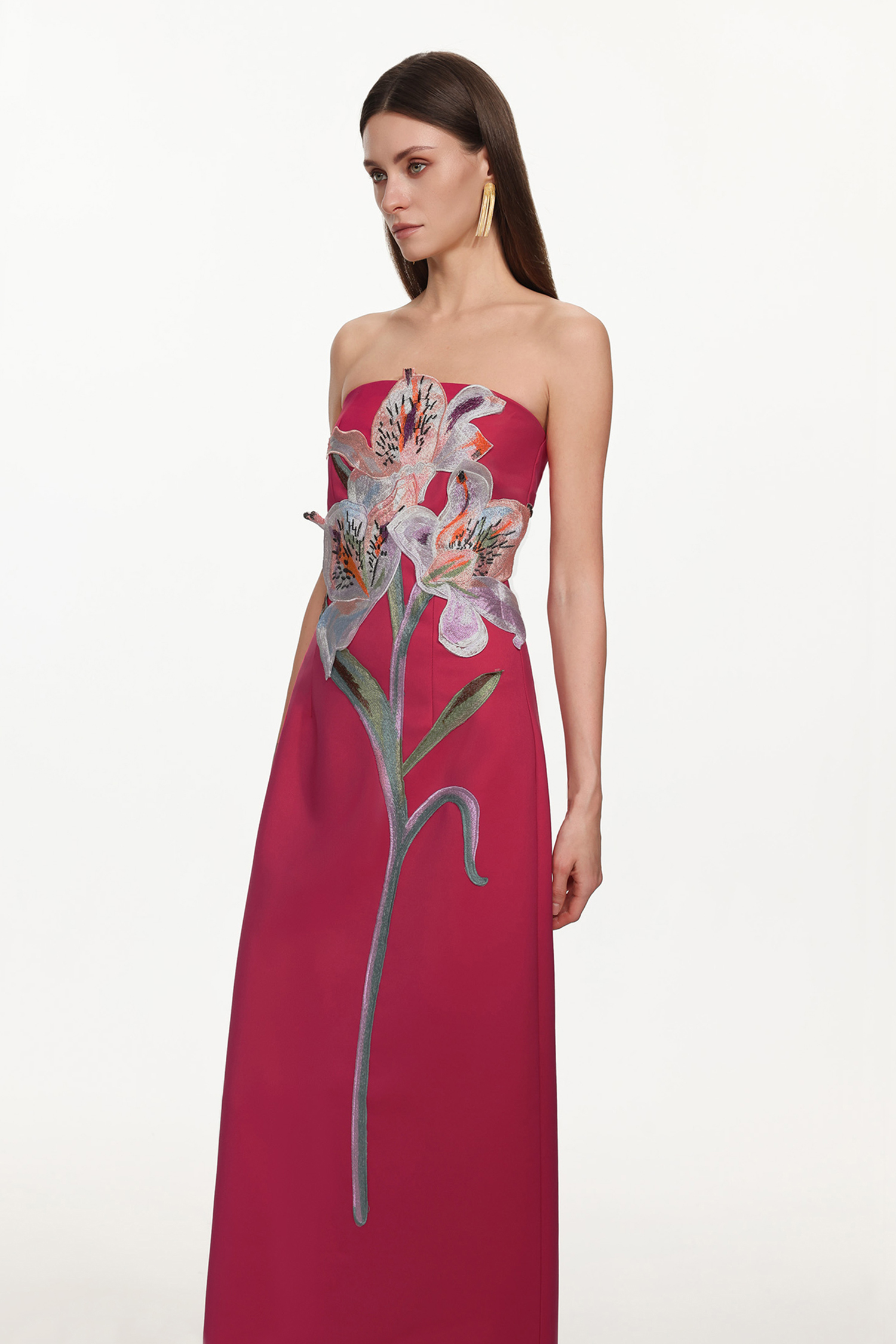 Xava Classic Tailored Strapless Floral Embroidered Rose Pink Maxi Dress