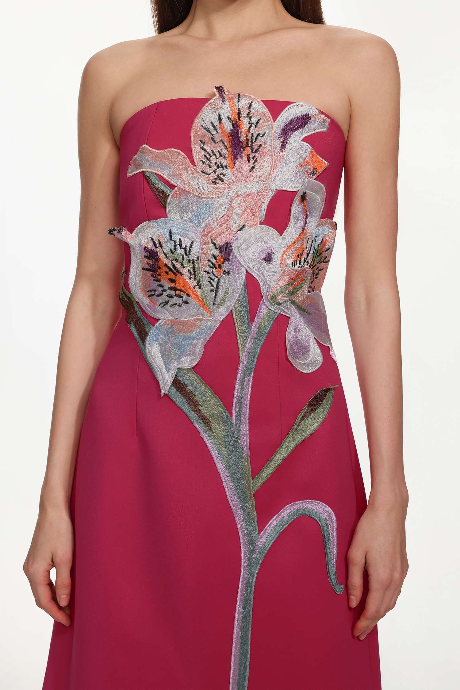 Xava Classic Tailored Strapless Floral Embroidered Rose Pink Maxi Dress