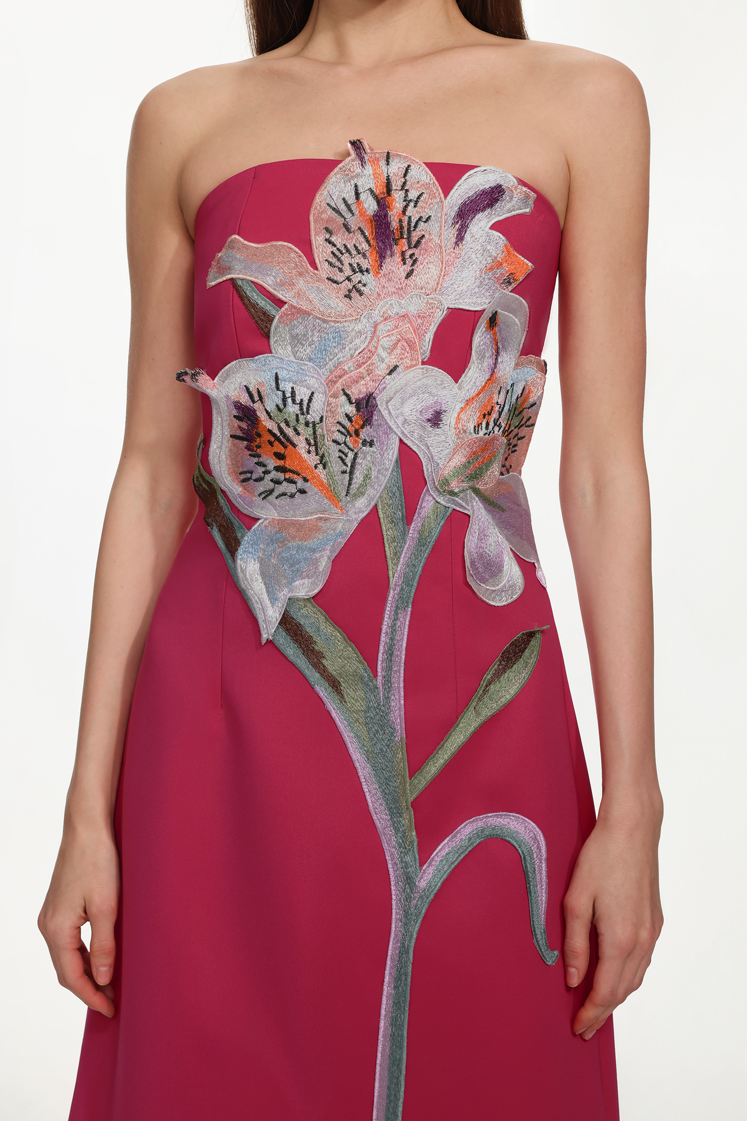 Xava Classic Tailored Strapless Floral Embroidered Rose Pink Maxi Dress