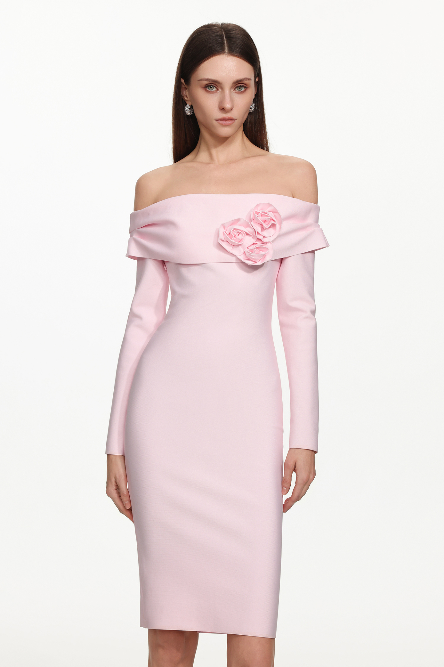 Samantha Romantic Contour Long Sleeve Floral Bandage Midi Dress