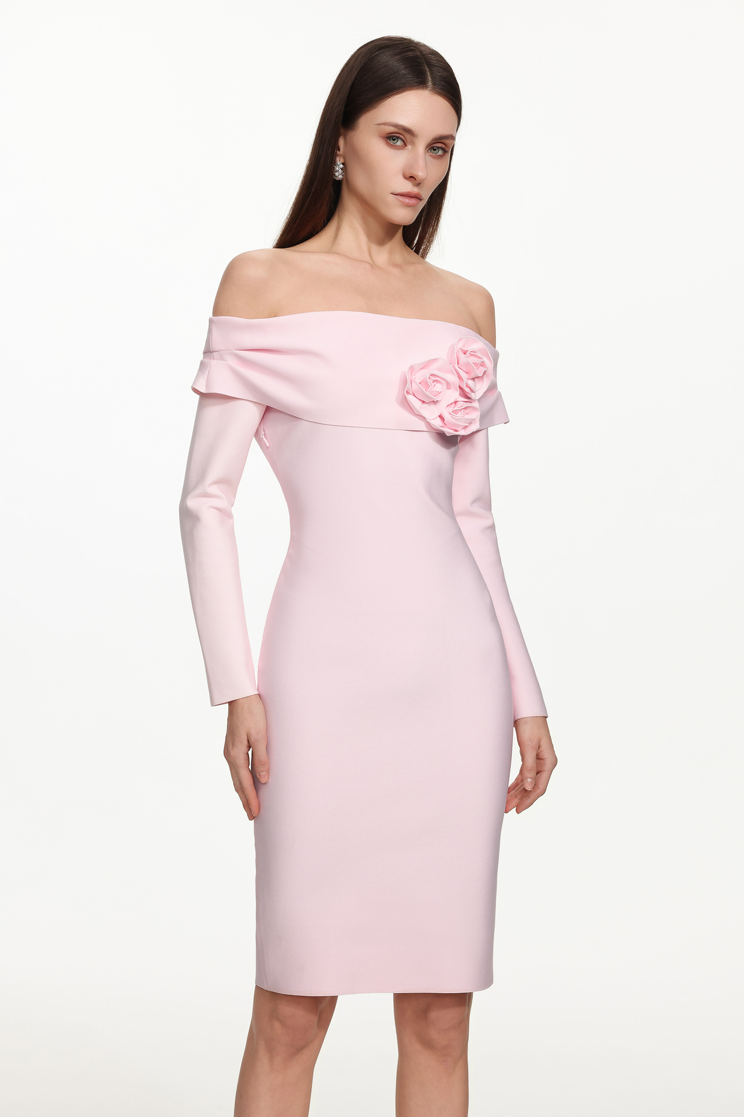 Samantha Romantic Contour Long Sleeve Floral Bandage Midi Dress