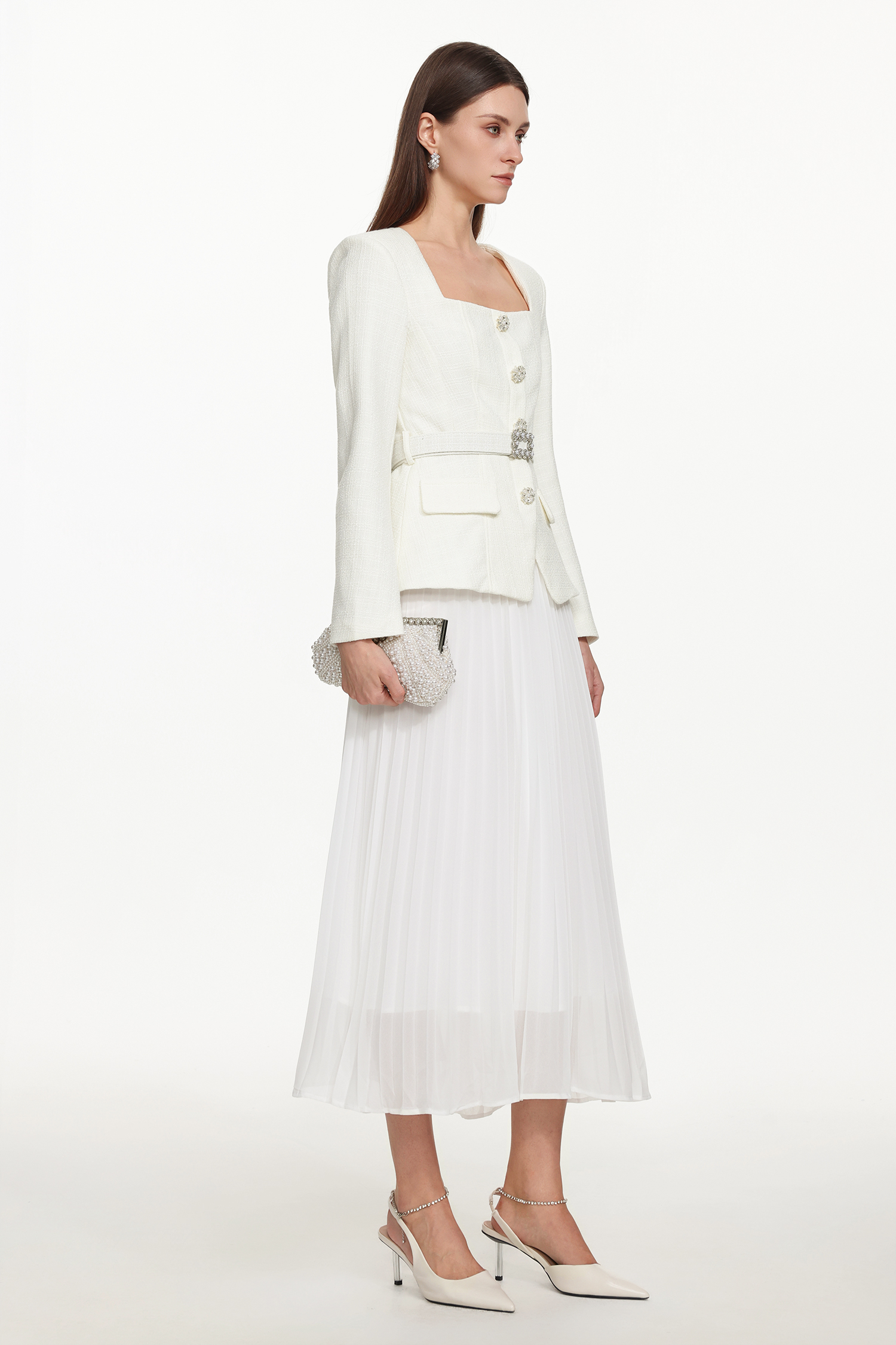 Eleni Elegant Tailored Square Neck Long Sleeve Buttoned Jacket and Skirt Set