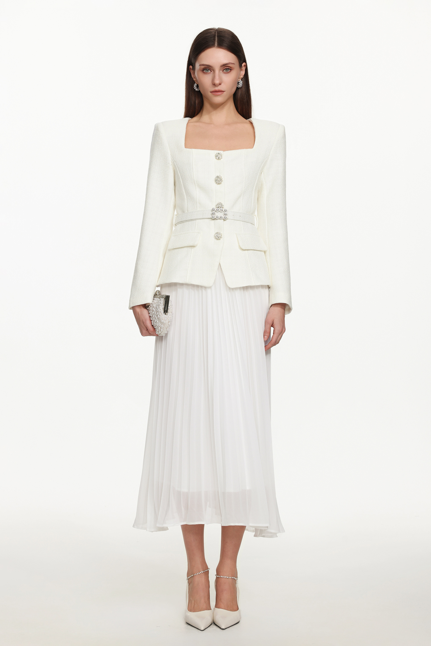 Eleni Elegant Tailored Square Neck Long Sleeve Buttoned Jacket and Skirt Set