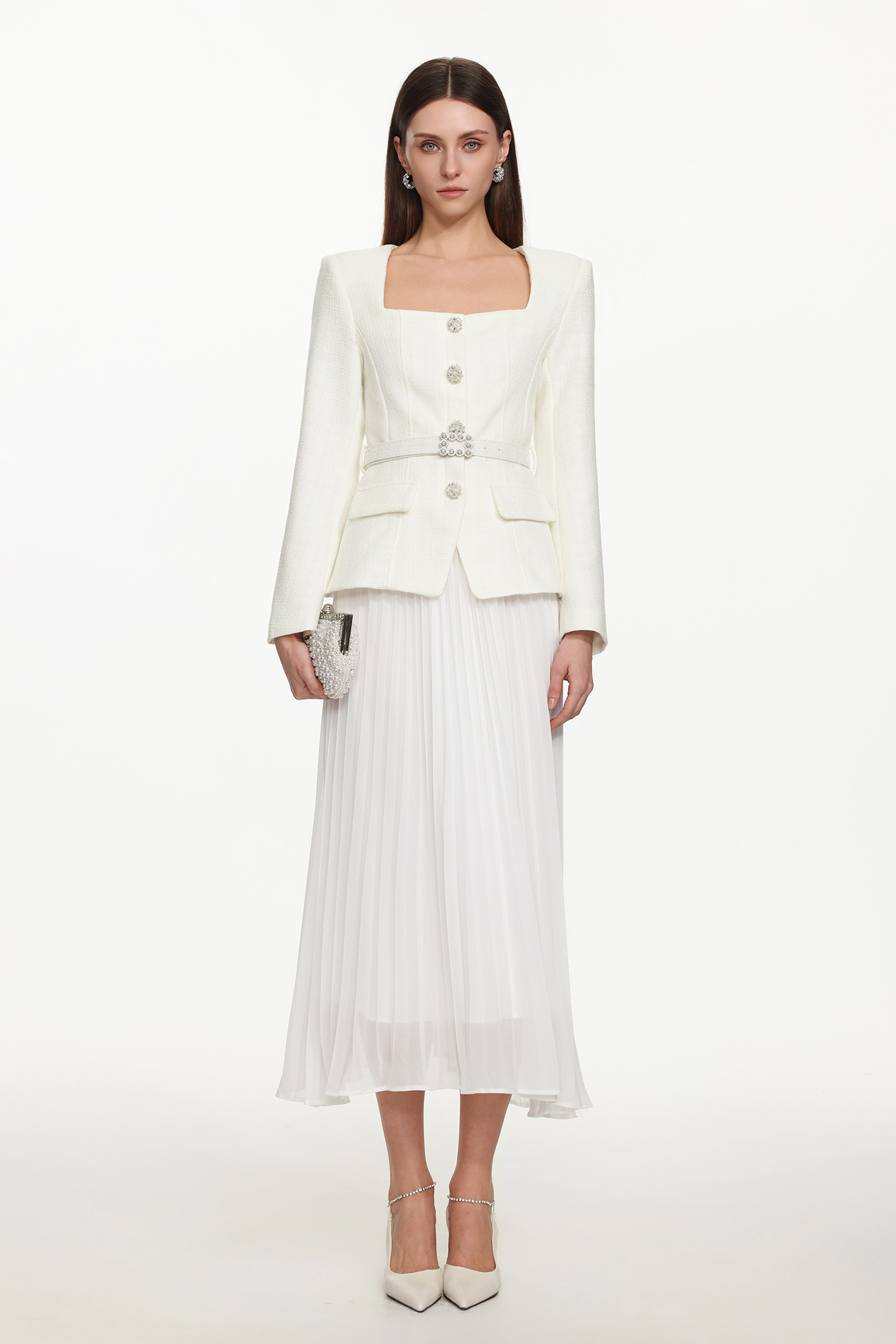 Eleni Elegant Tailored Square Neck Long Sleeve Buttoned Jacket and Skirt Set