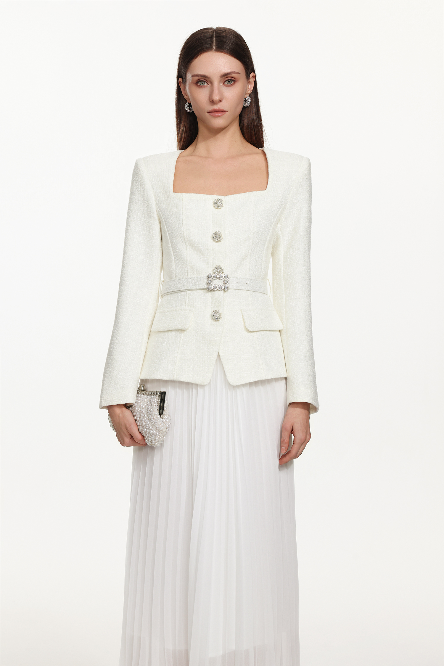 Eleni Elegant Tailored Square Neck Long Sleeve Buttoned Jacket and Skirt Set