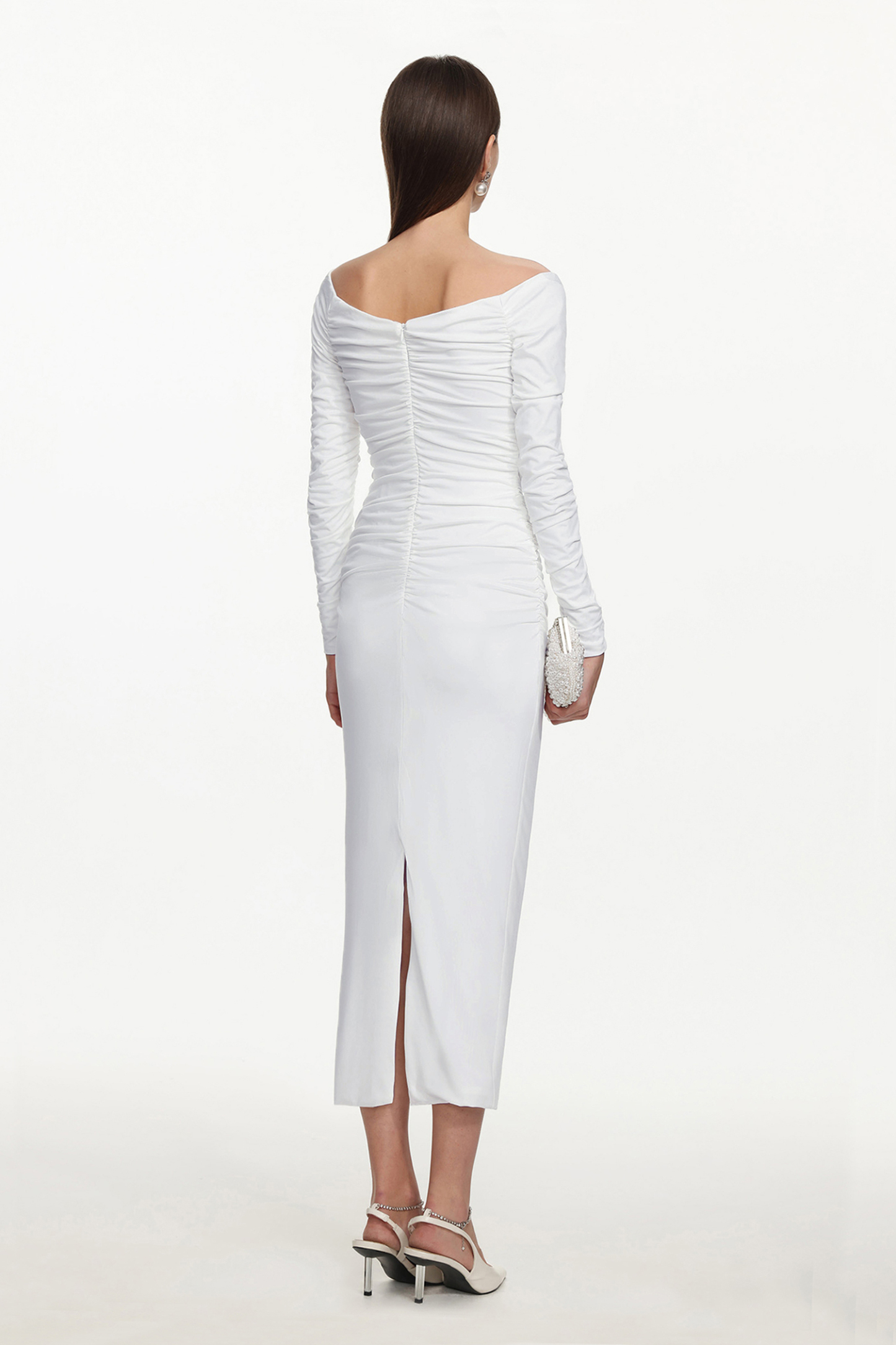 Gala Chic Contour Off Shoulder Long Sleeve Ruched Maxi Dress