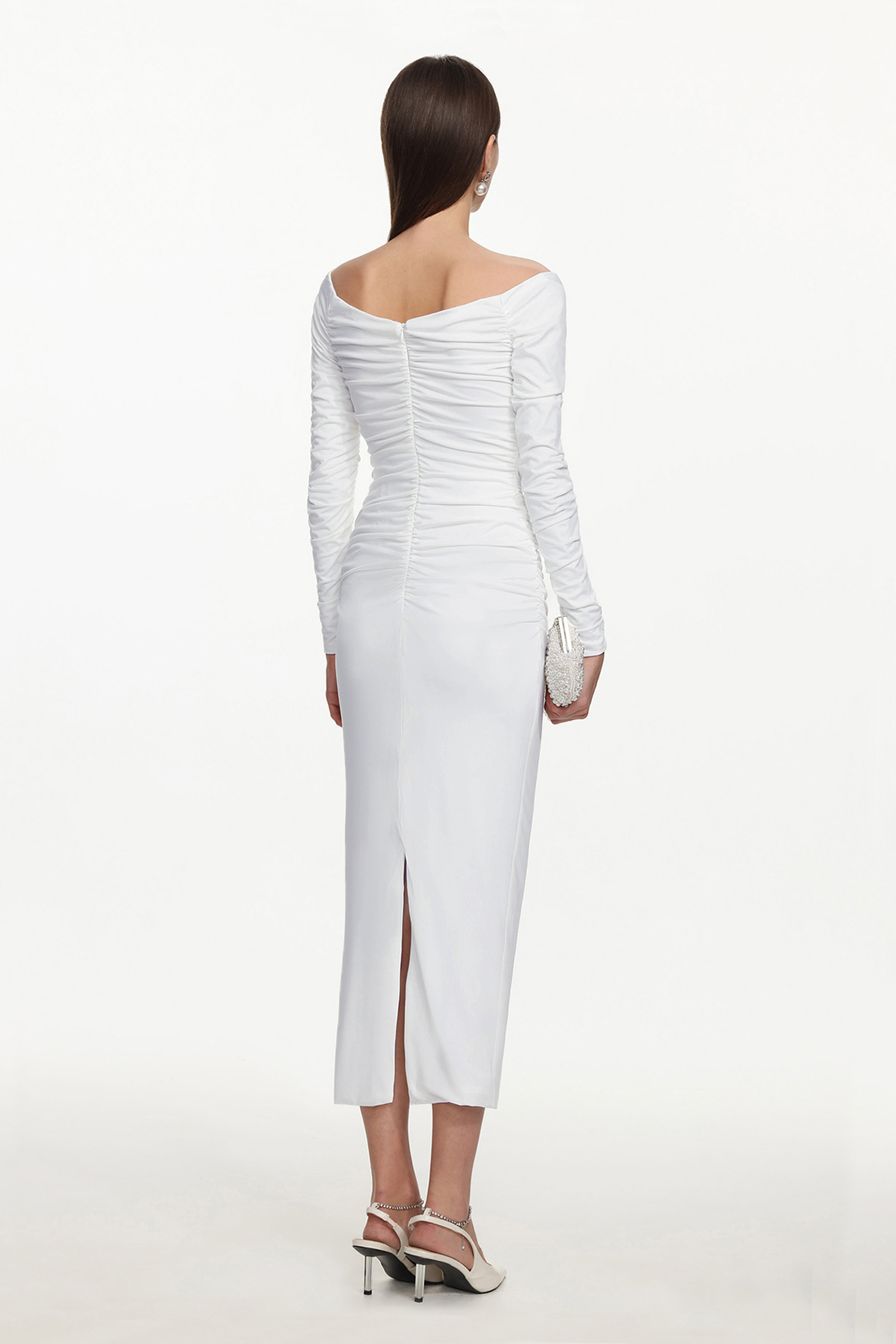 Gala Chic Contour Off Shoulder Long Sleeve Ruched Maxi Dress