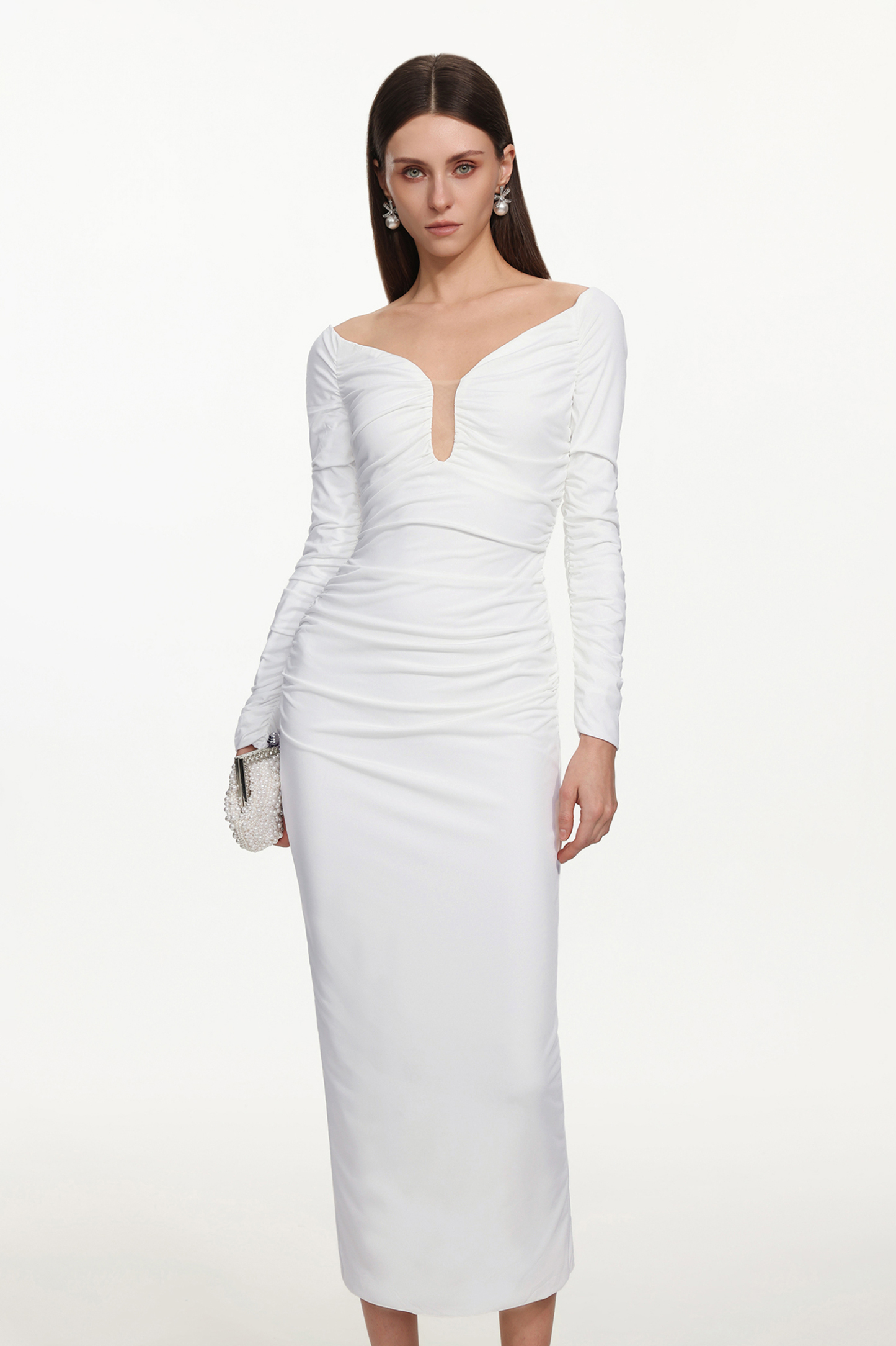 Gala Chic Contour Off Shoulder Long Sleeve Ruched Maxi Dress