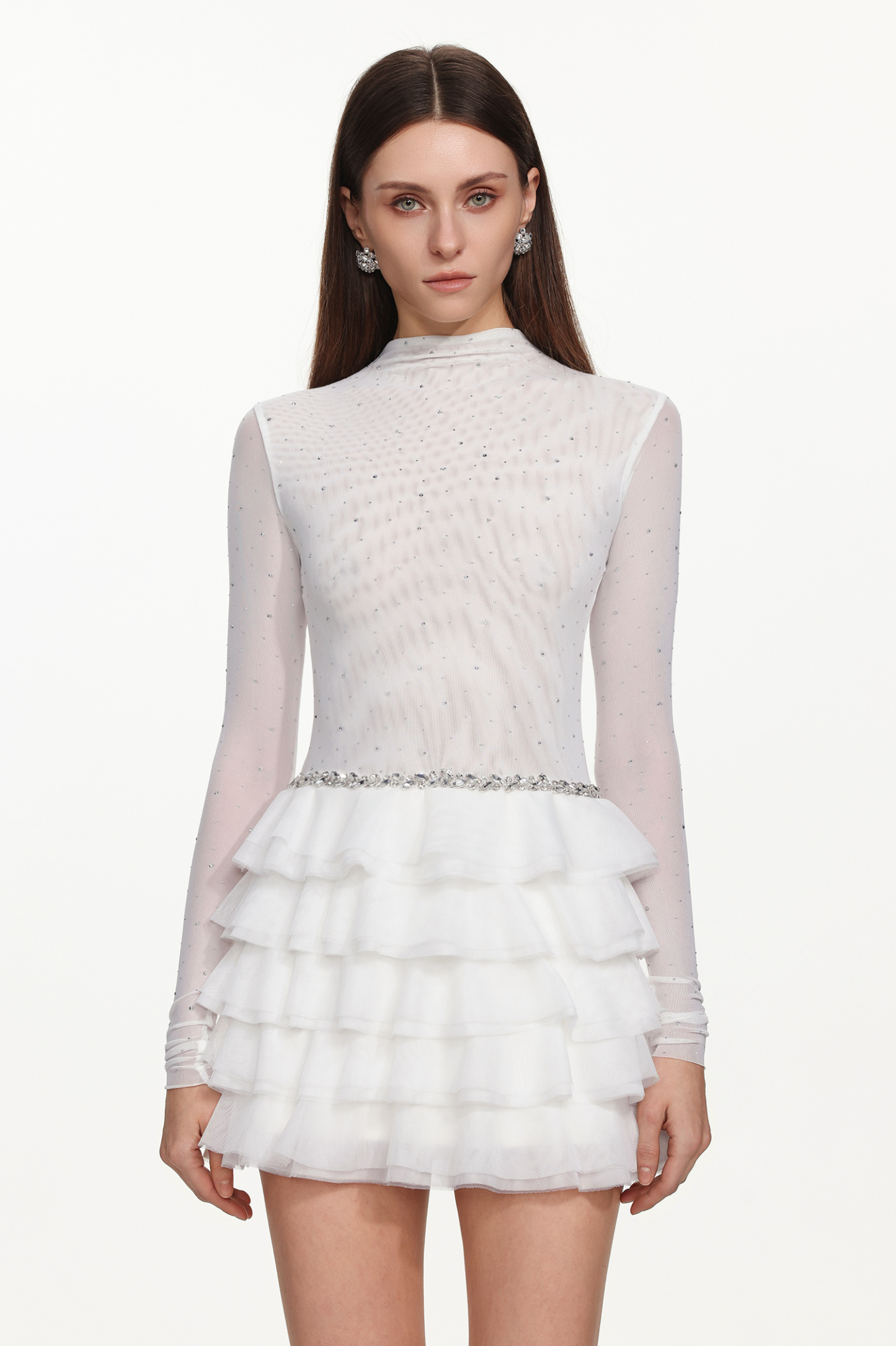 Kerta Classic Contour Crystal Ruffle Mesh White Mini Dress