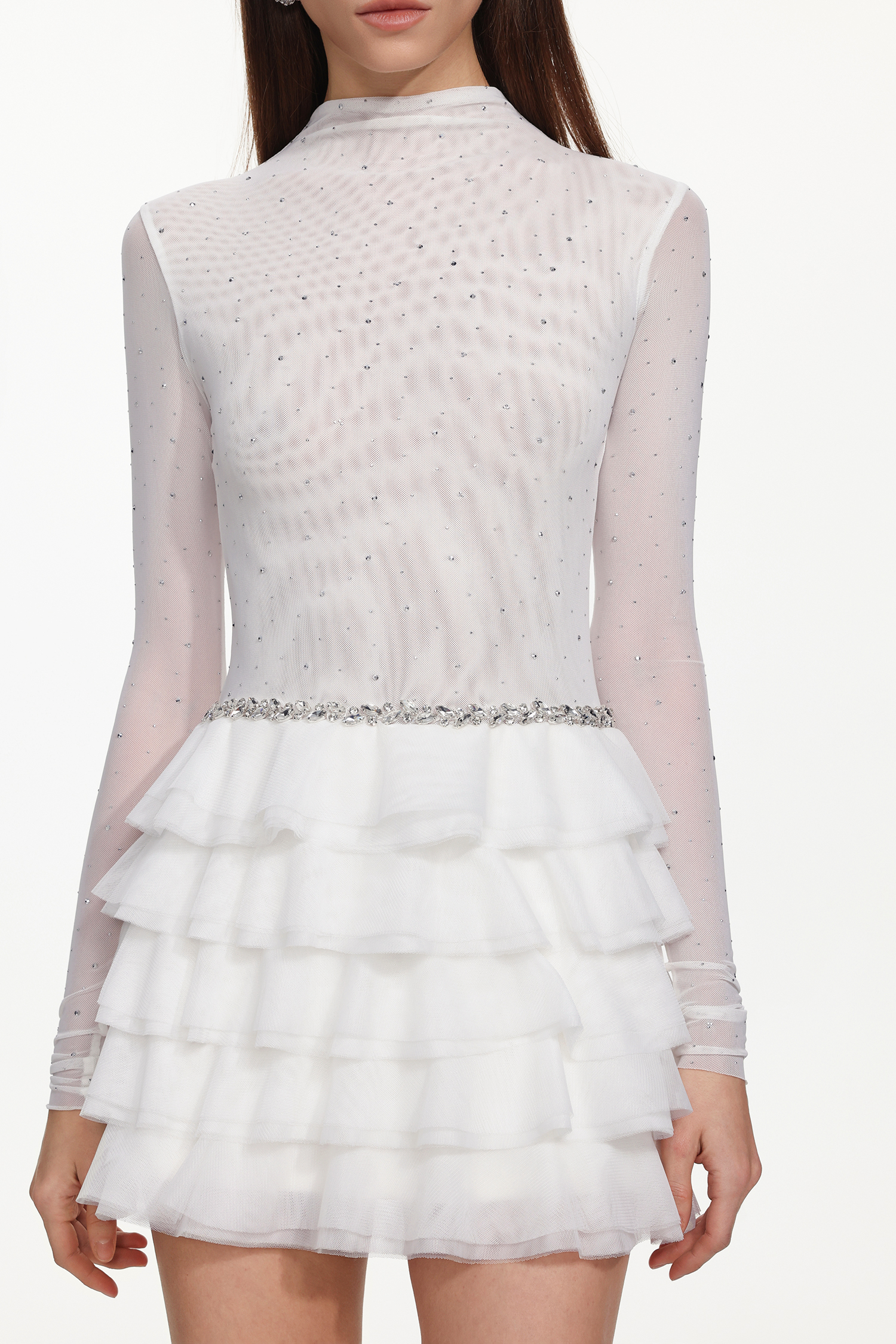 Kerta Classic Contour Crystal Ruffle Mesh White Mini Dress