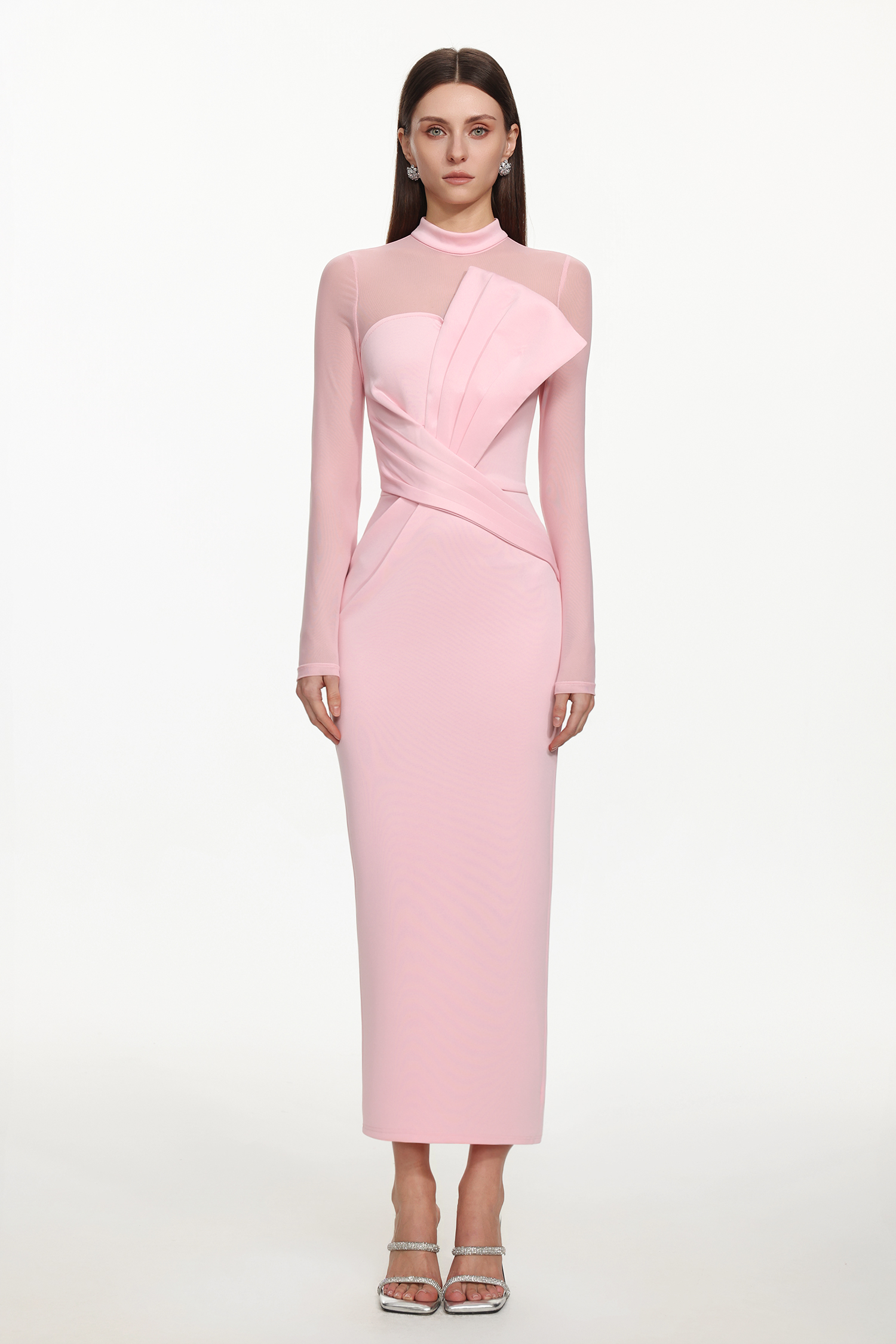 Rahan Romantic Contour Sheer Sleeve Pleated Maxi Dress