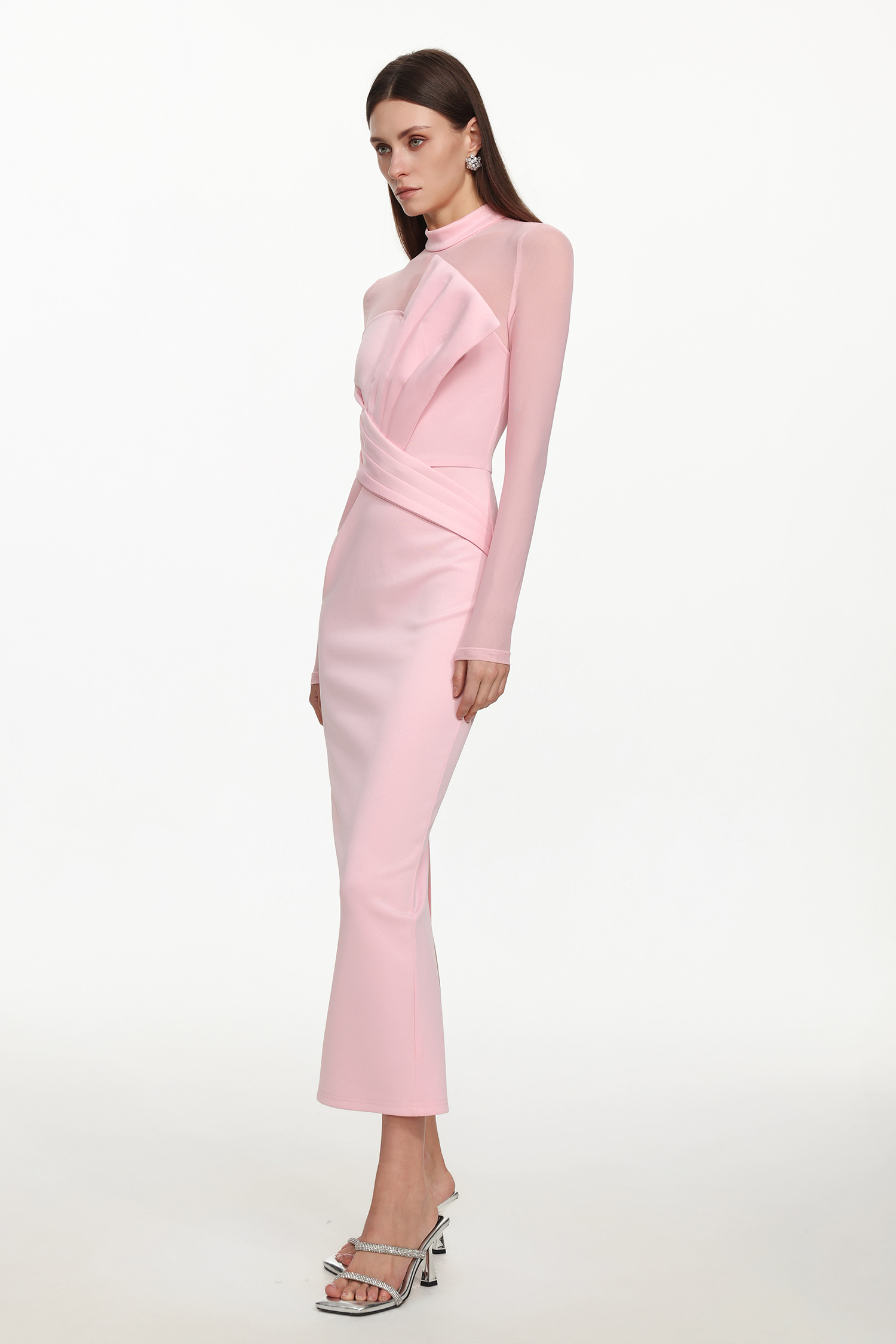 Rahan Romantic Contour Sheer Sleeve Pleated Maxi Dress