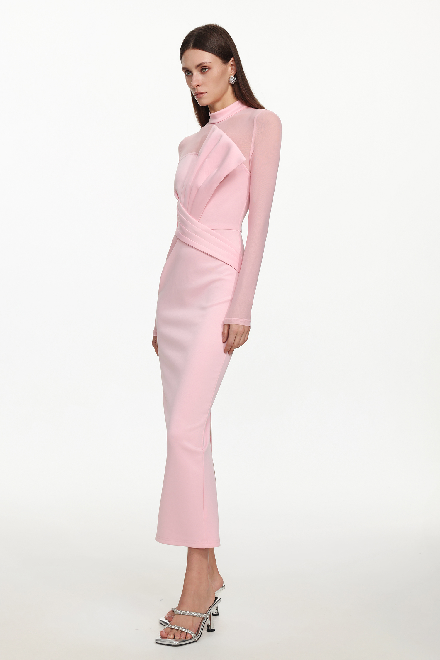 Rahan Romantic Contour Sheer Sleeve Pleated Maxi Dress