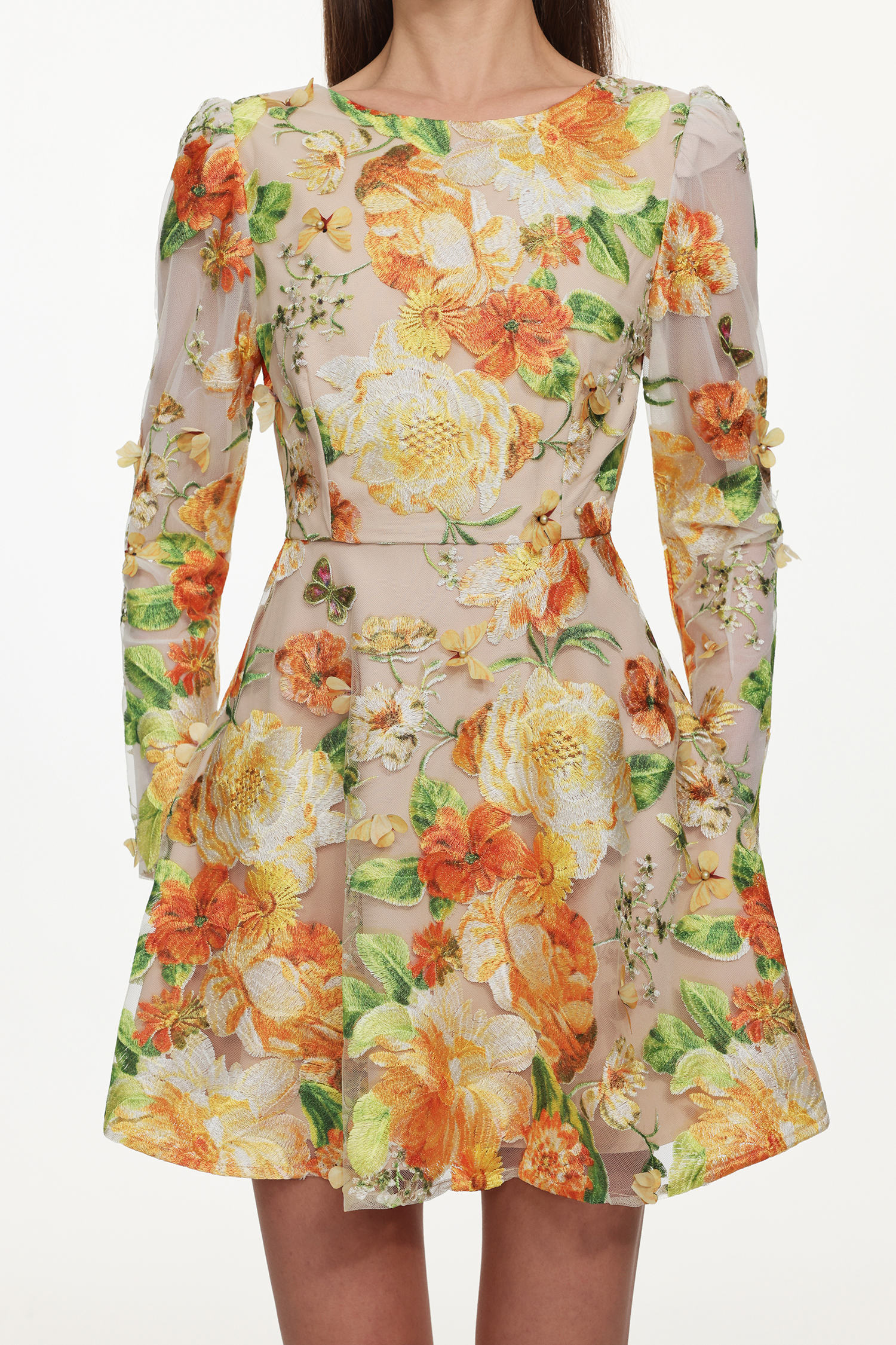 Vicky Romantic Tailored Long Sleeve Embroidered Floral Mini Dress