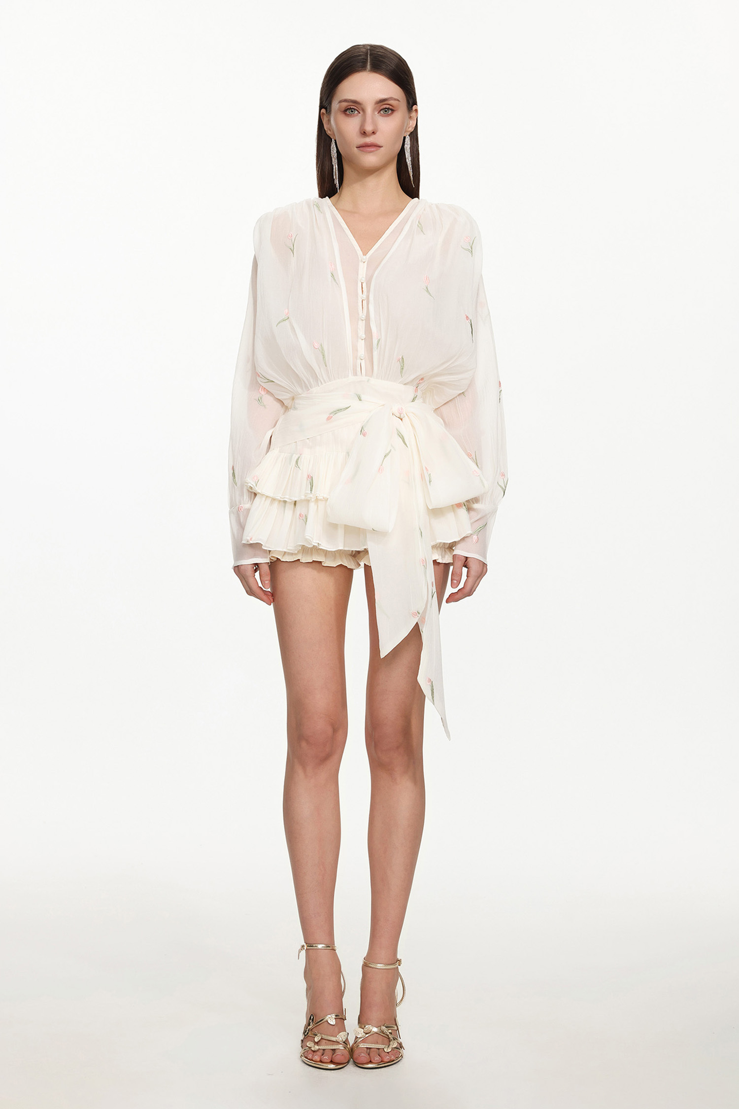 Sissel Romantic Flowy Long Sleeve Buttoned Ruffle Floral Mini Dress