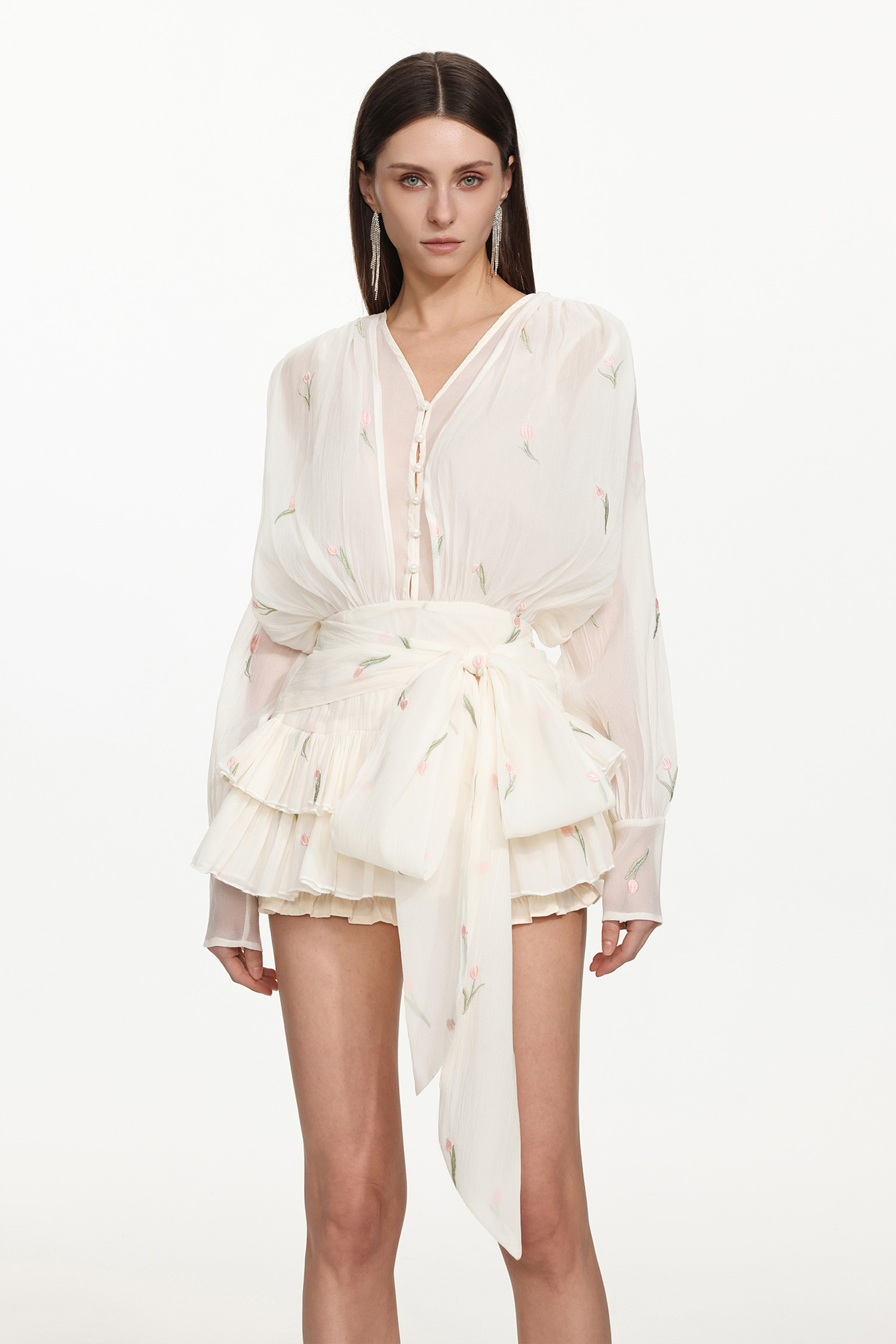 Sissel Romantic Flowy Long Sleeve Buttoned Ruffle Floral Mini Dress