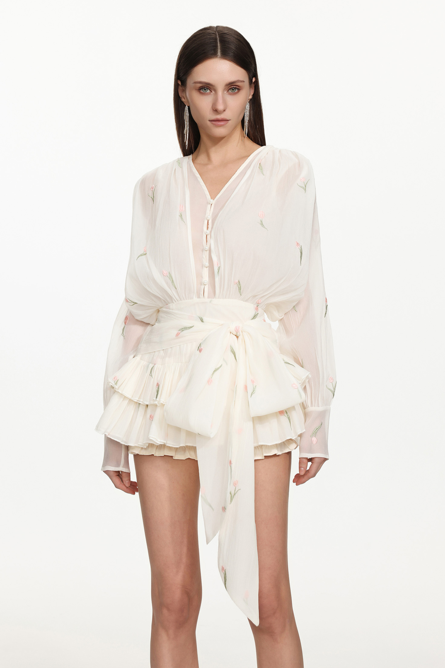 Sissel Romantic Flowy Long Sleeve Buttoned Ruffle Floral Mini Dress