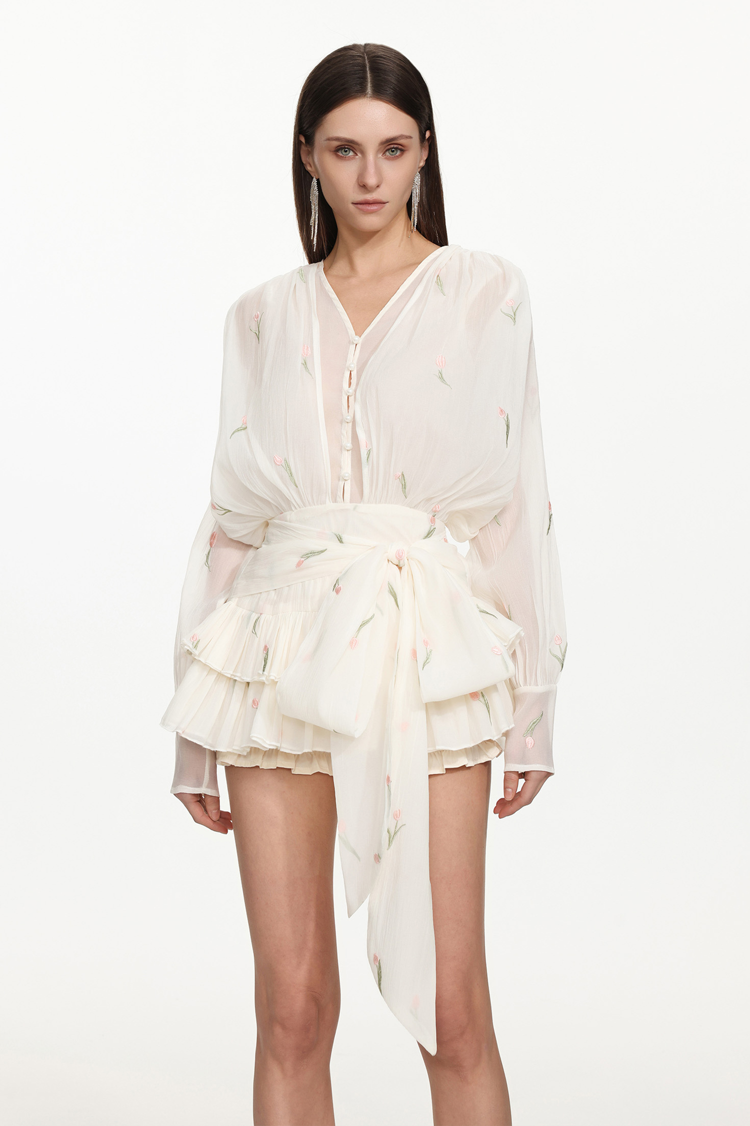 Sissel Romantic Flowy Long Sleeve Buttoned Ruffle Floral Mini Dress