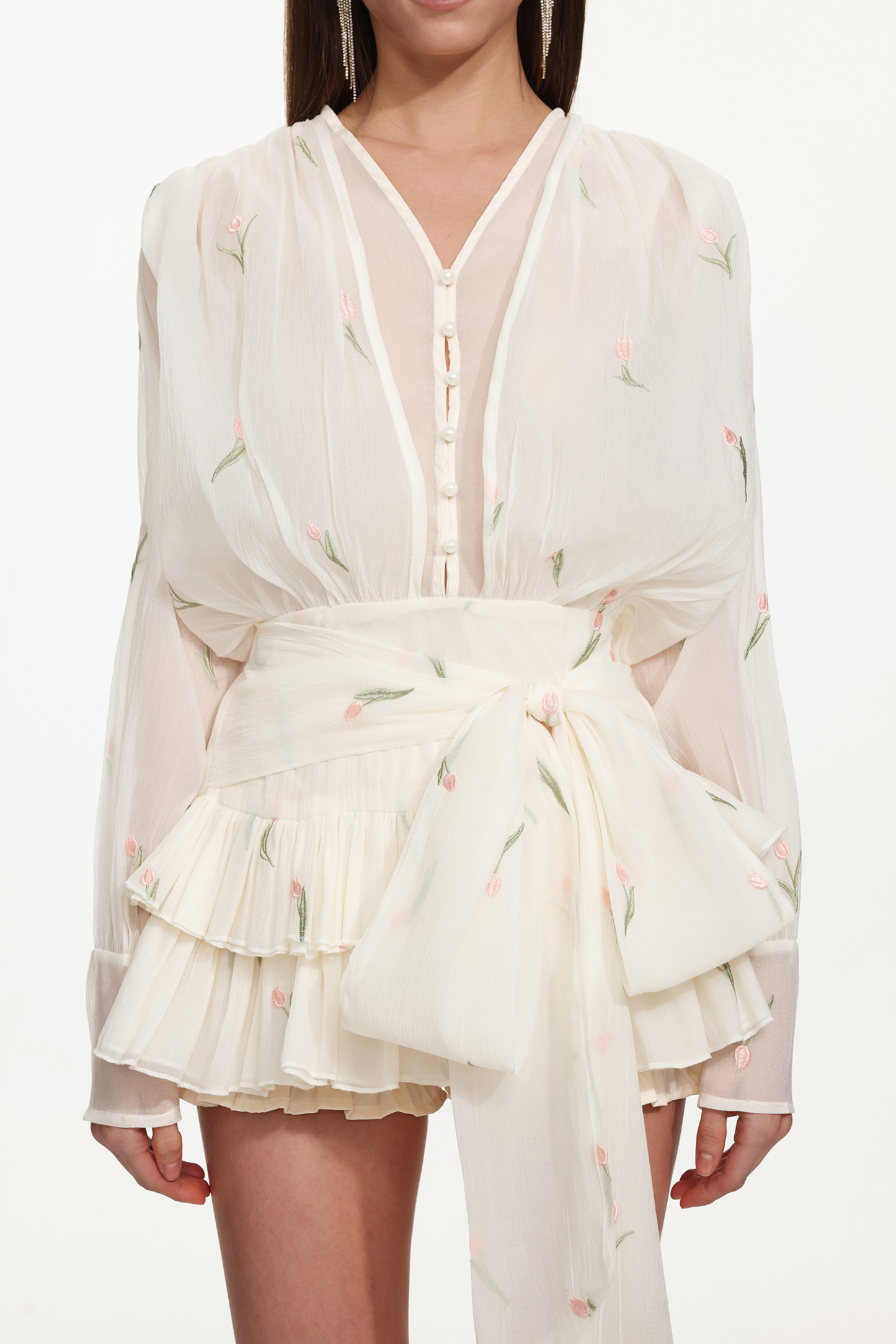 Sissel Romantic Flowy Long Sleeve Buttoned Ruffle Floral Mini Dress