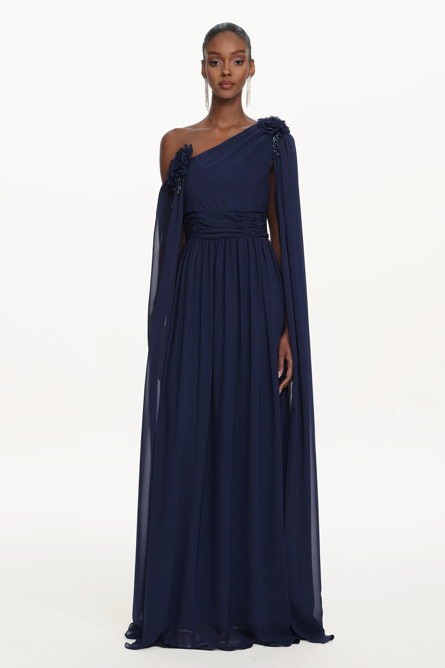 Yannei Elegant Flowy One Shoulder Ruched Floral Maxi Dress