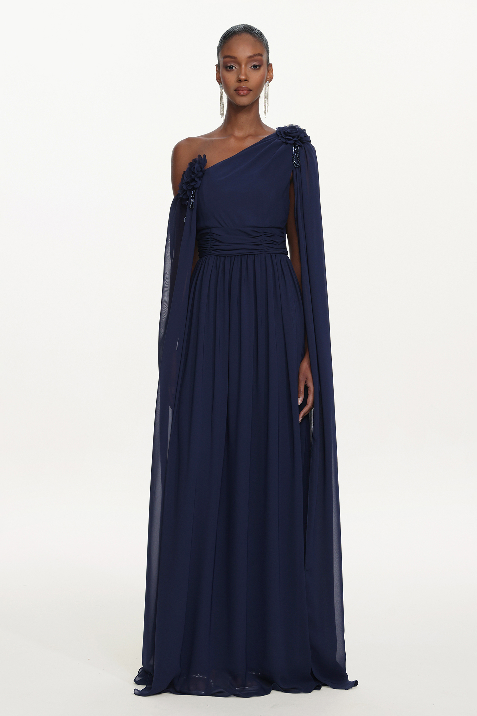 Yannei Elegant Flowy One Shoulder Ruched Floral Maxi Dress