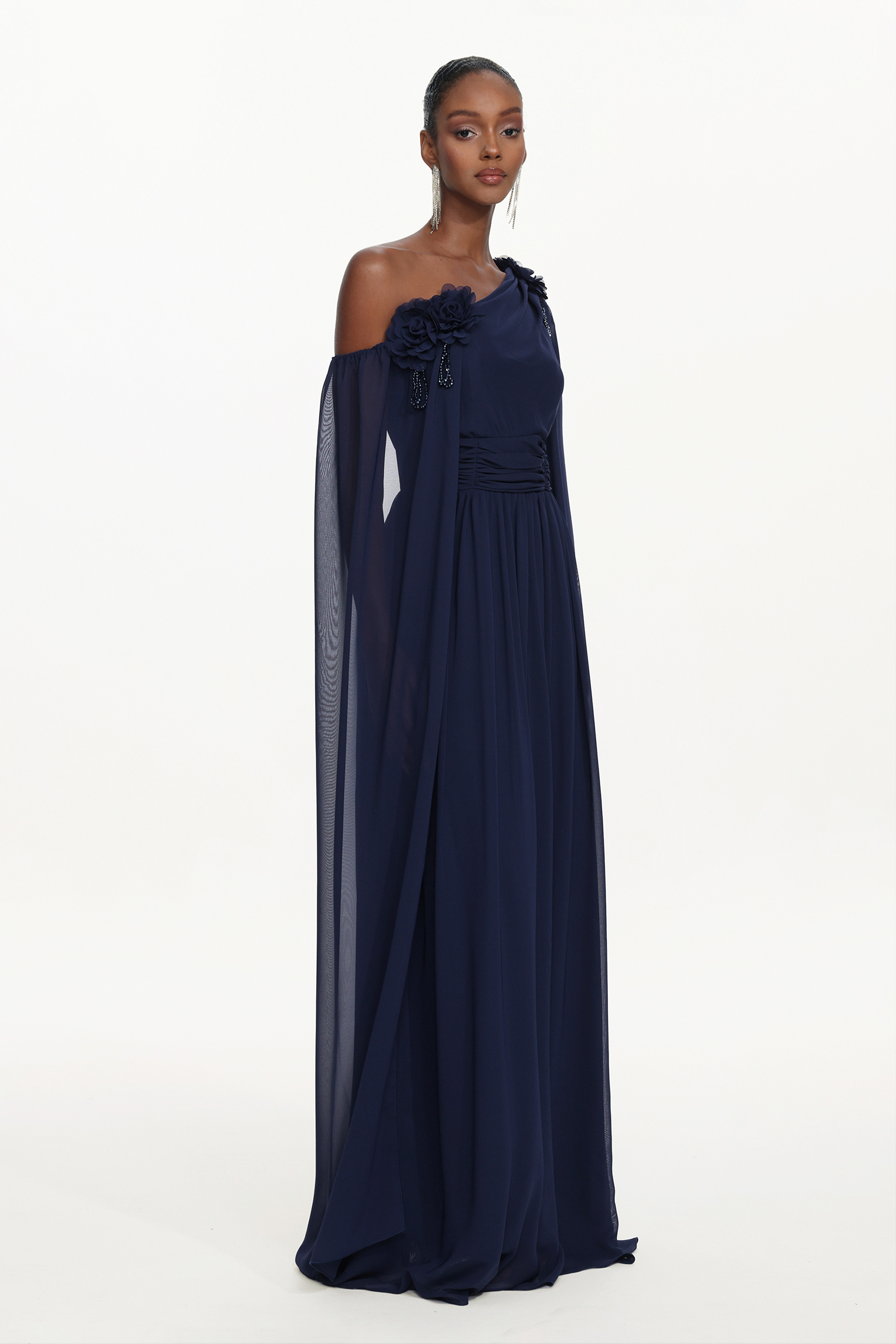 Yannei Elegant Flowy One Shoulder Ruched Floral Maxi Dress