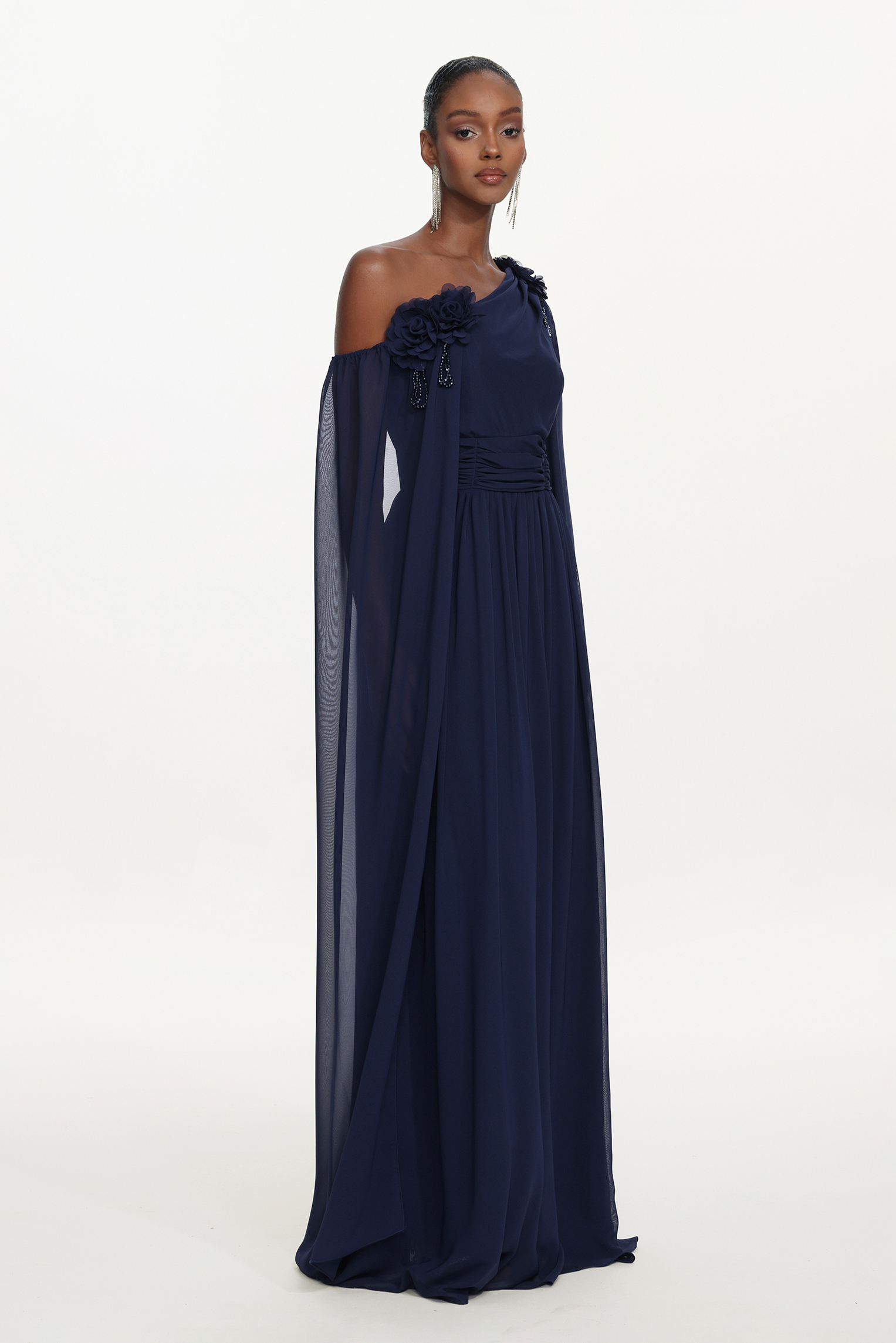 Yannei Elegant Flowy One Shoulder Ruched Floral Maxi Dress