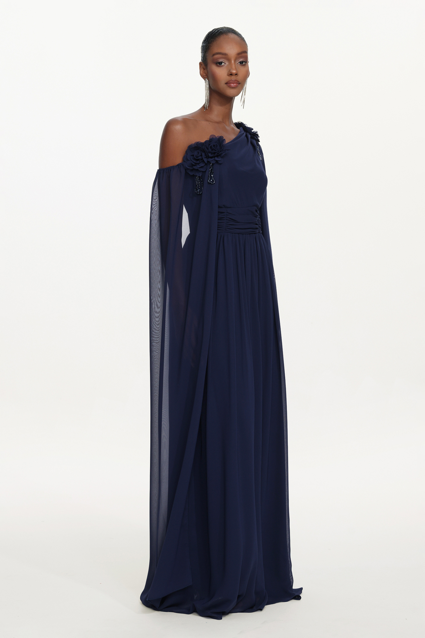 Yannei Elegant Flowy One Shoulder Ruched Floral Maxi Dress