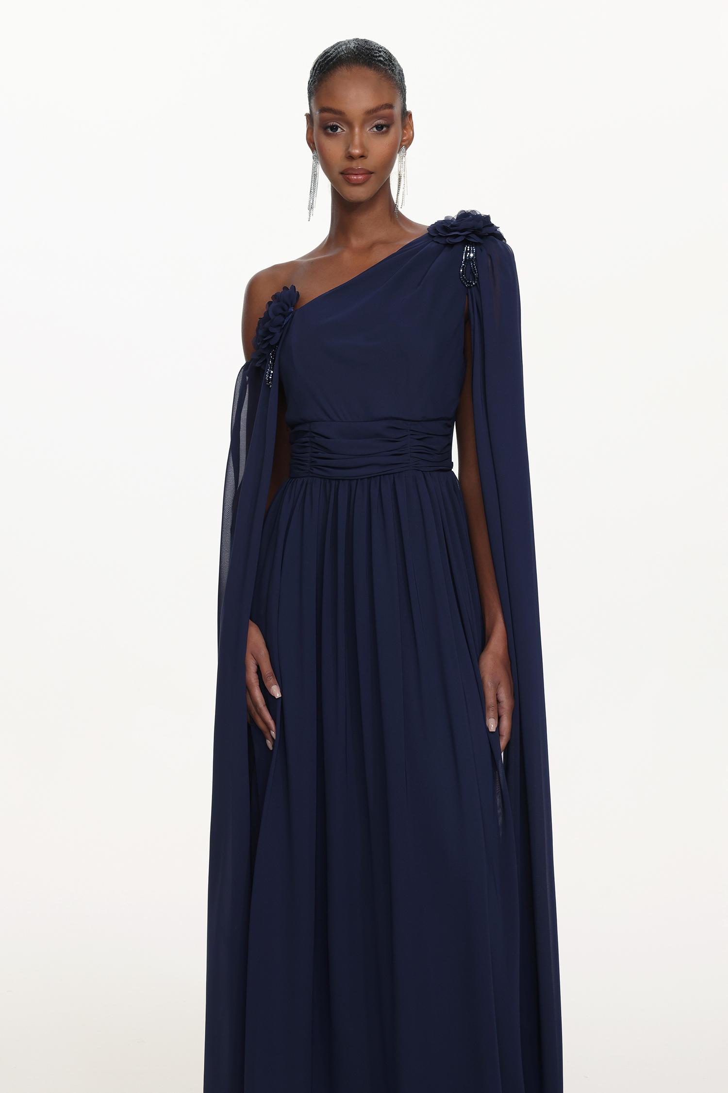 Yannei Elegant Flowy One Shoulder Ruched Floral Maxi Dress