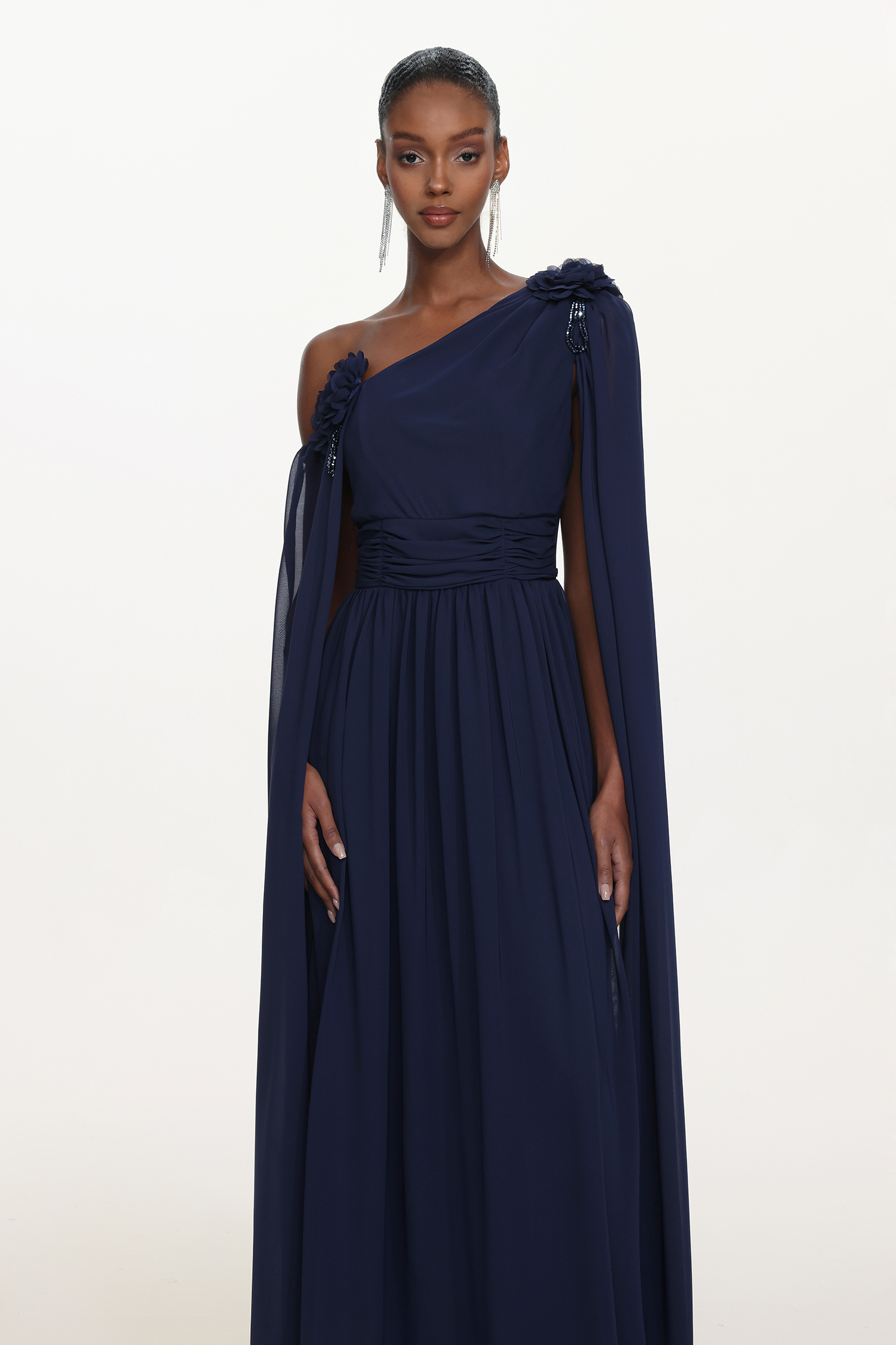 Yannei Elegant Flowy One Shoulder Ruched Floral Maxi Dress