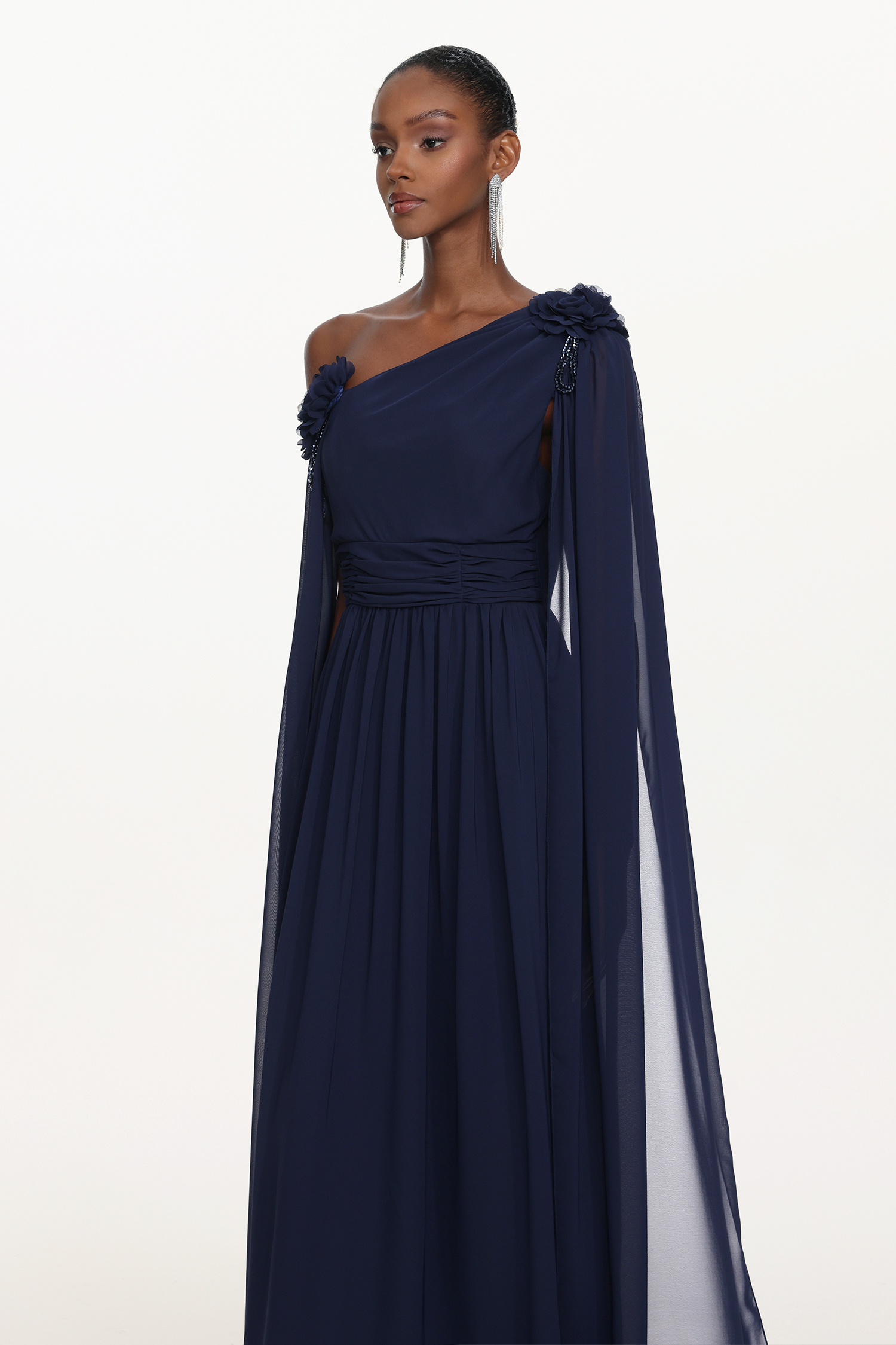 Yannei Elegant Flowy One Shoulder Ruched Floral Maxi Dress