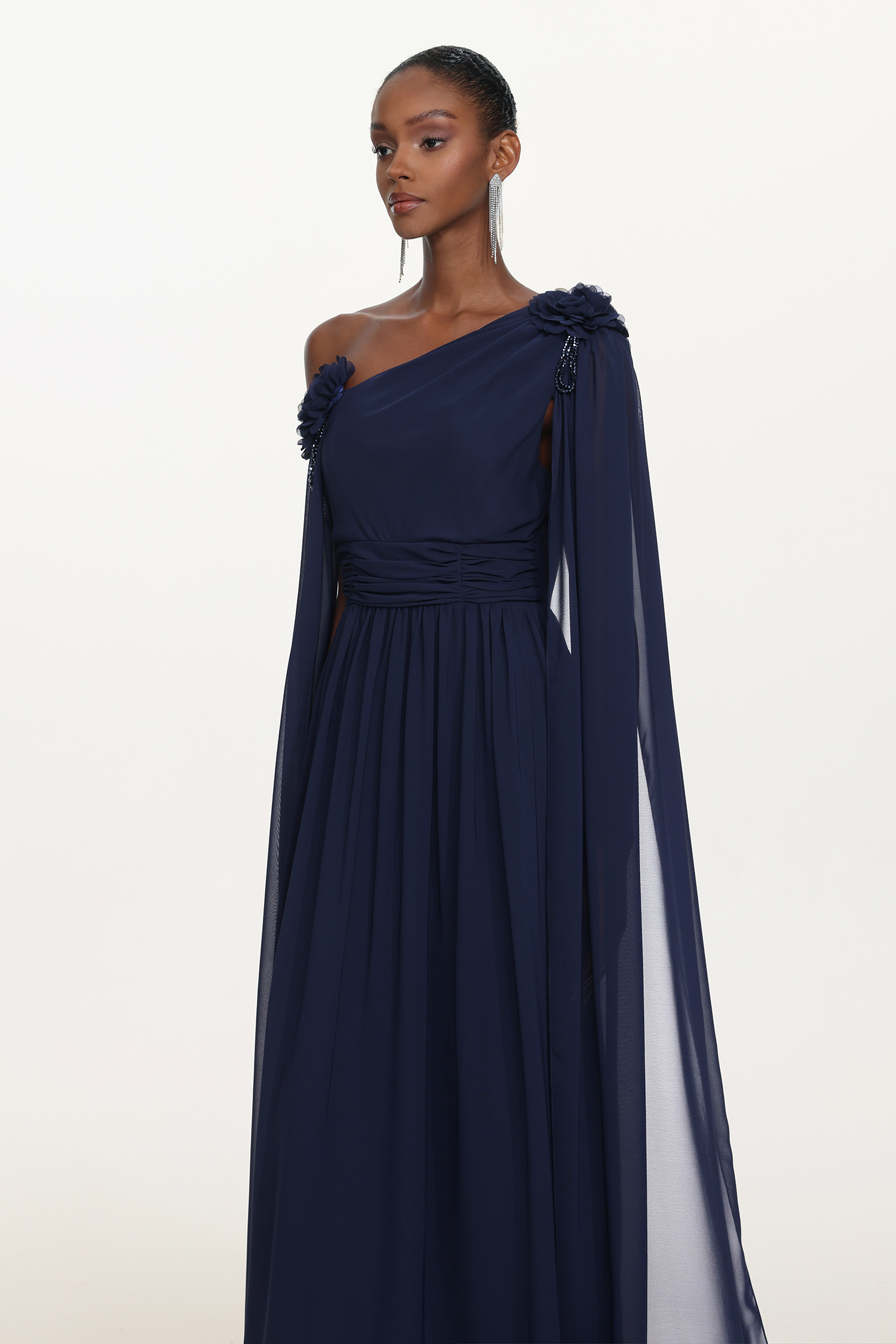 Yannei Elegant Flowy One Shoulder Ruched Floral Maxi Dress