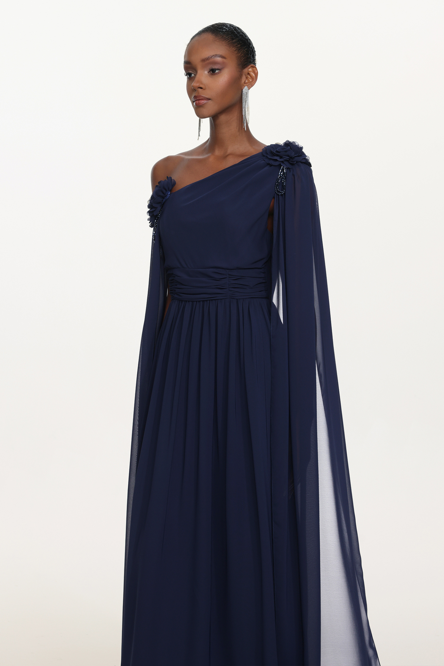 Yannei Elegant Flowy One Shoulder Ruched Floral Maxi Dress