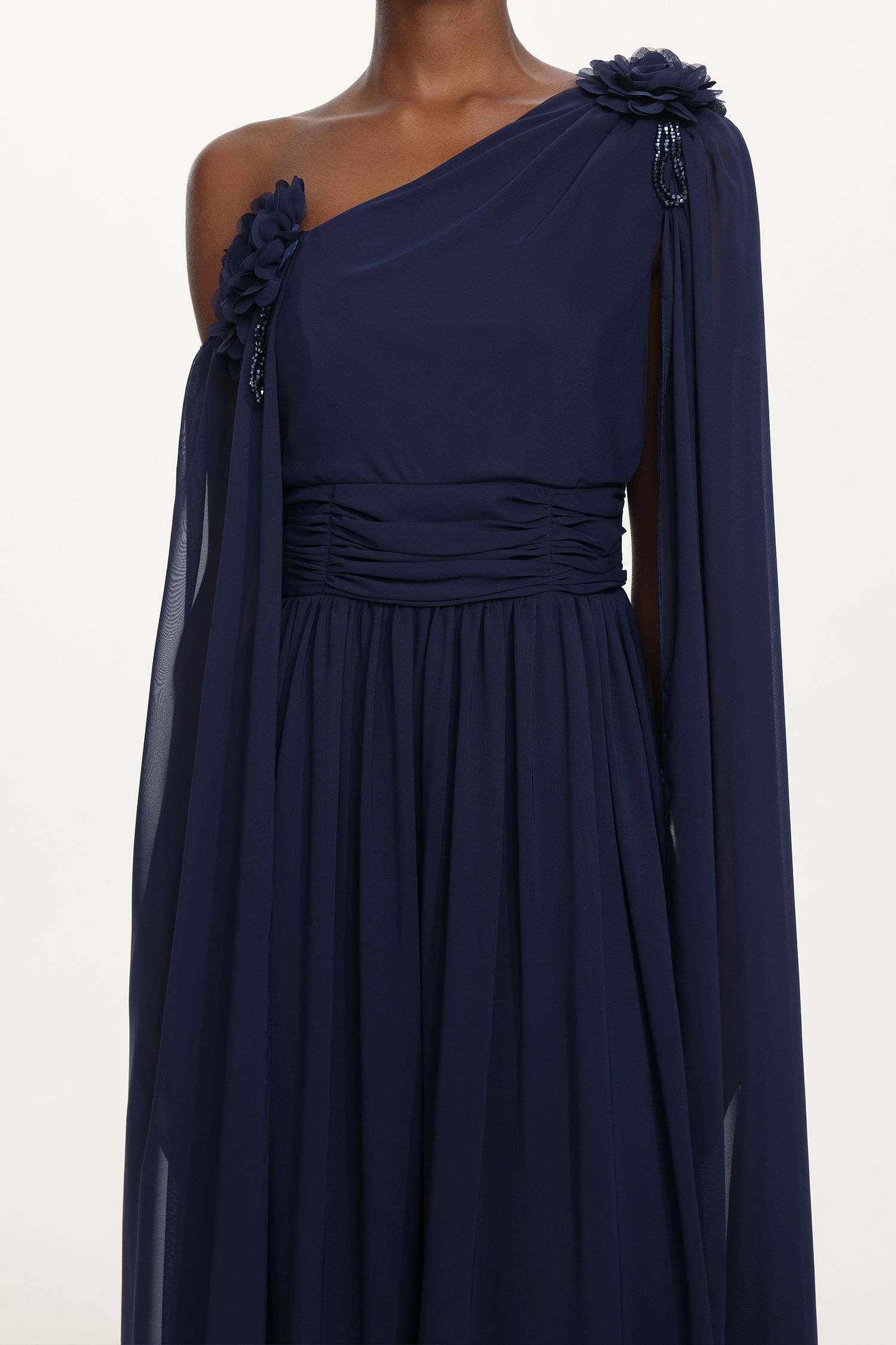 Yannei Elegant Flowy One Shoulder Ruched Floral Maxi Dress