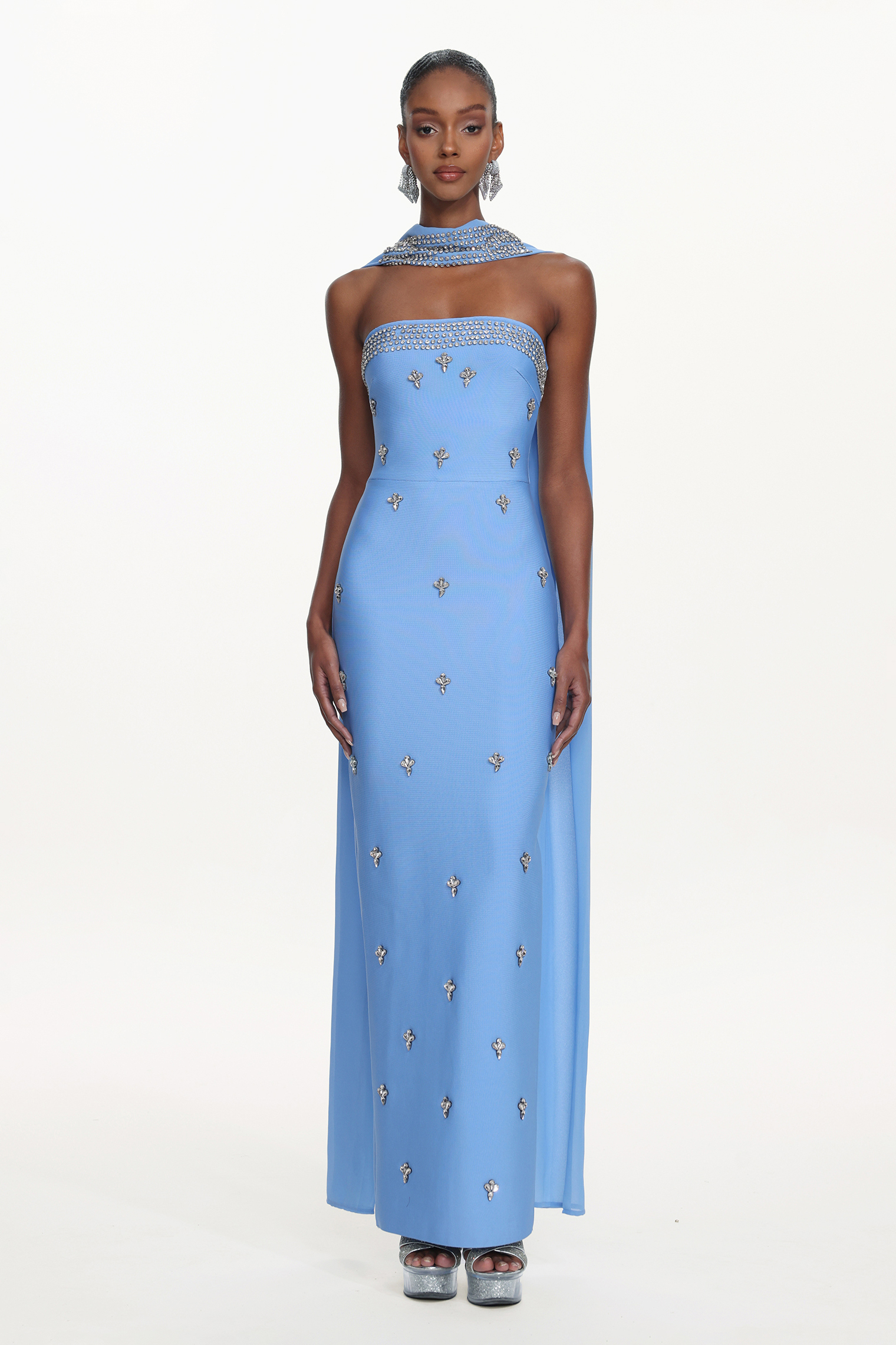 Marina Glamorous Contour Strapless Rhinestone Bandage Maxi Dress