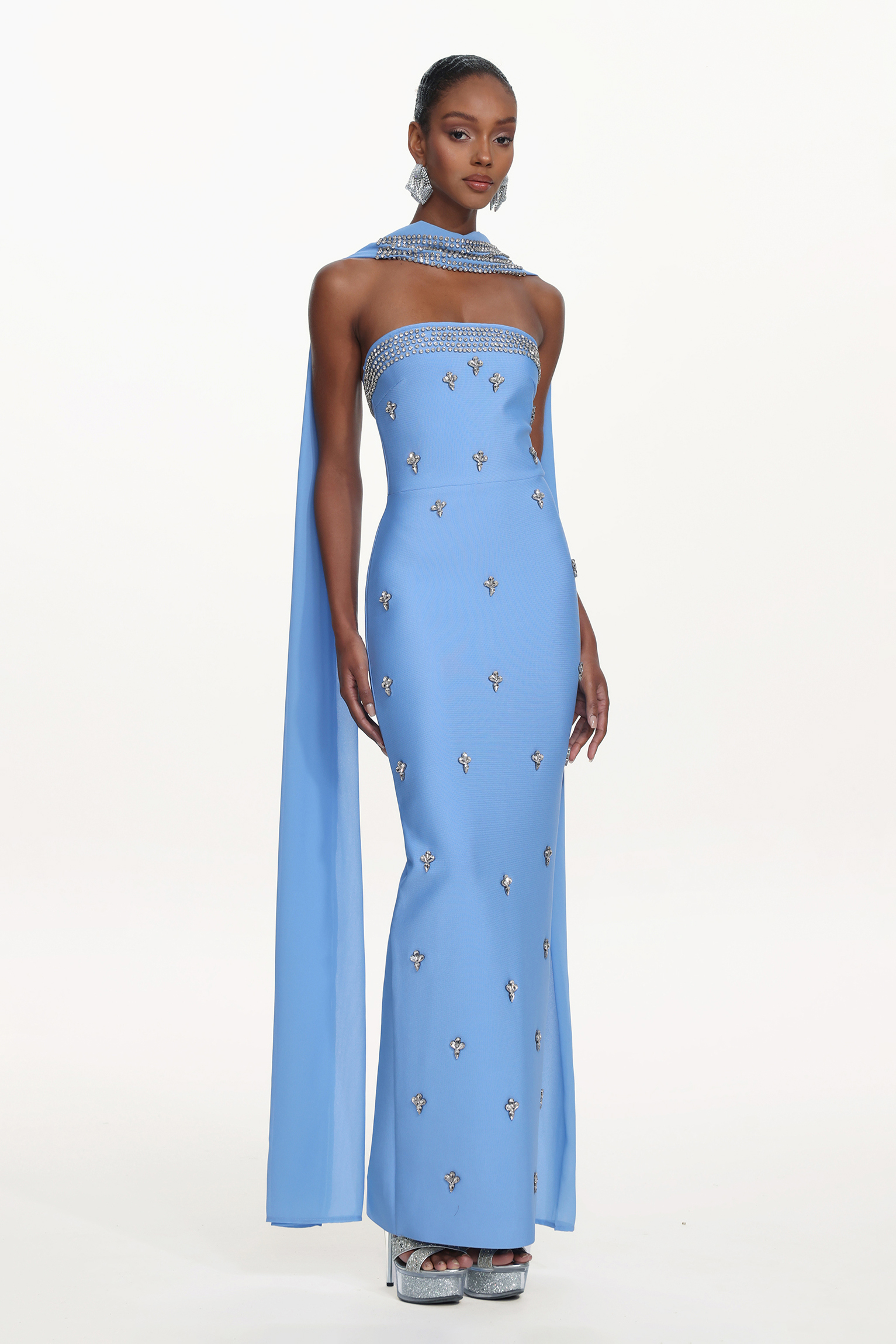 Marina Glamorous Contour Strapless Rhinestone Bandage Maxi Dress