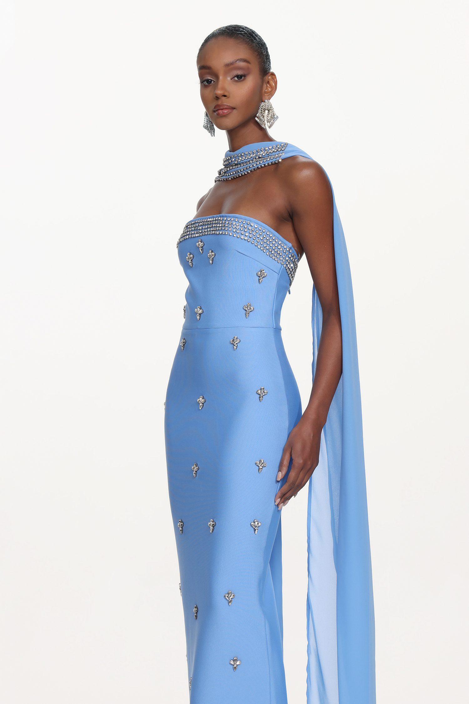 Marina Glamorous Contour Strapless Rhinestone Bandage Maxi Dress