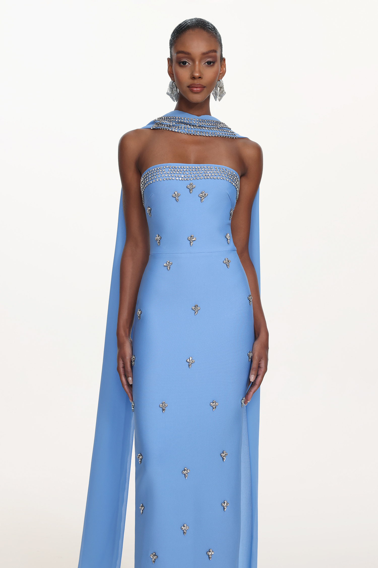 Marina Glamorous Contour Strapless Rhinestone Bandage Maxi Dress