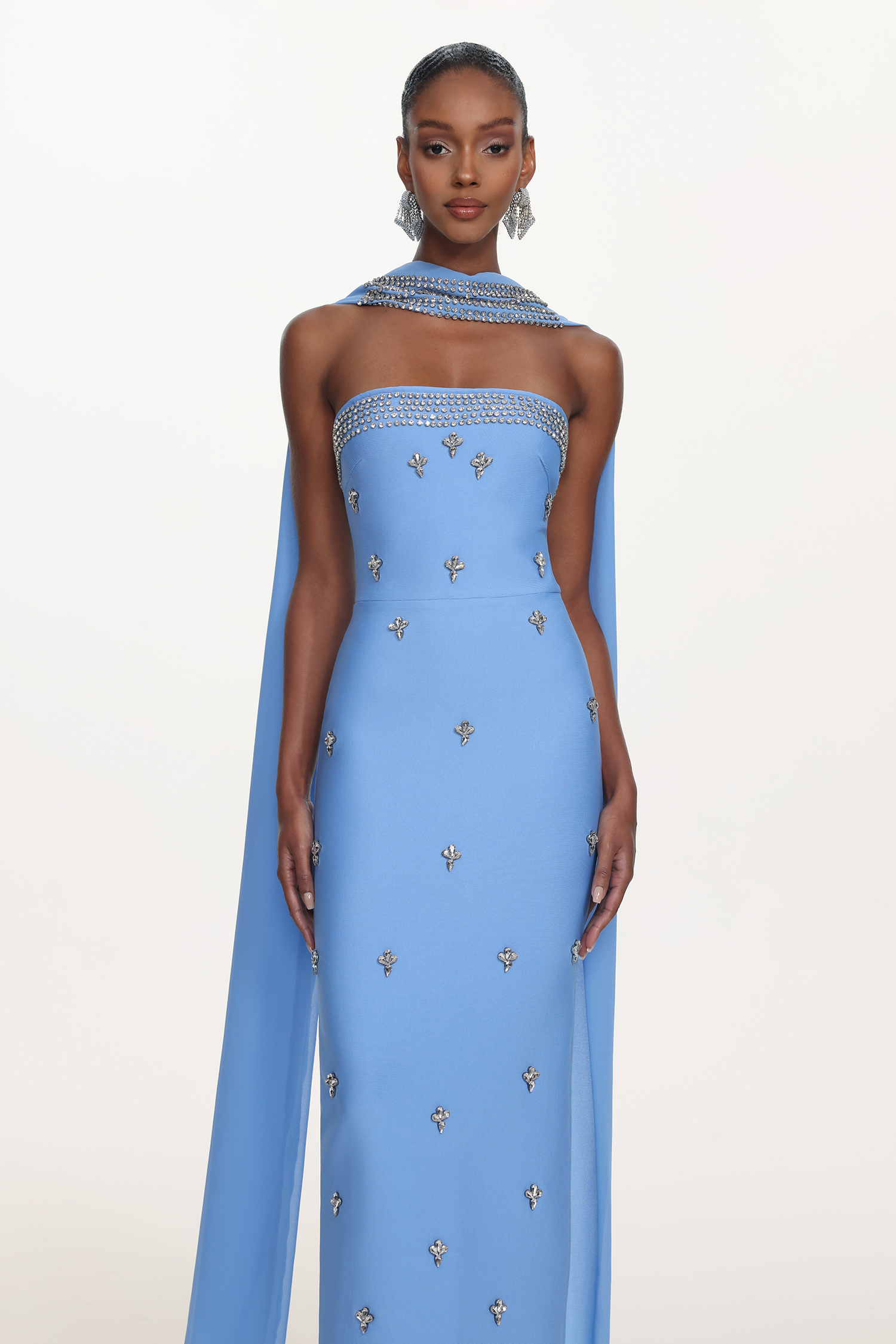 Marina Glamorous Contour Strapless Rhinestone Bandage Maxi Dress