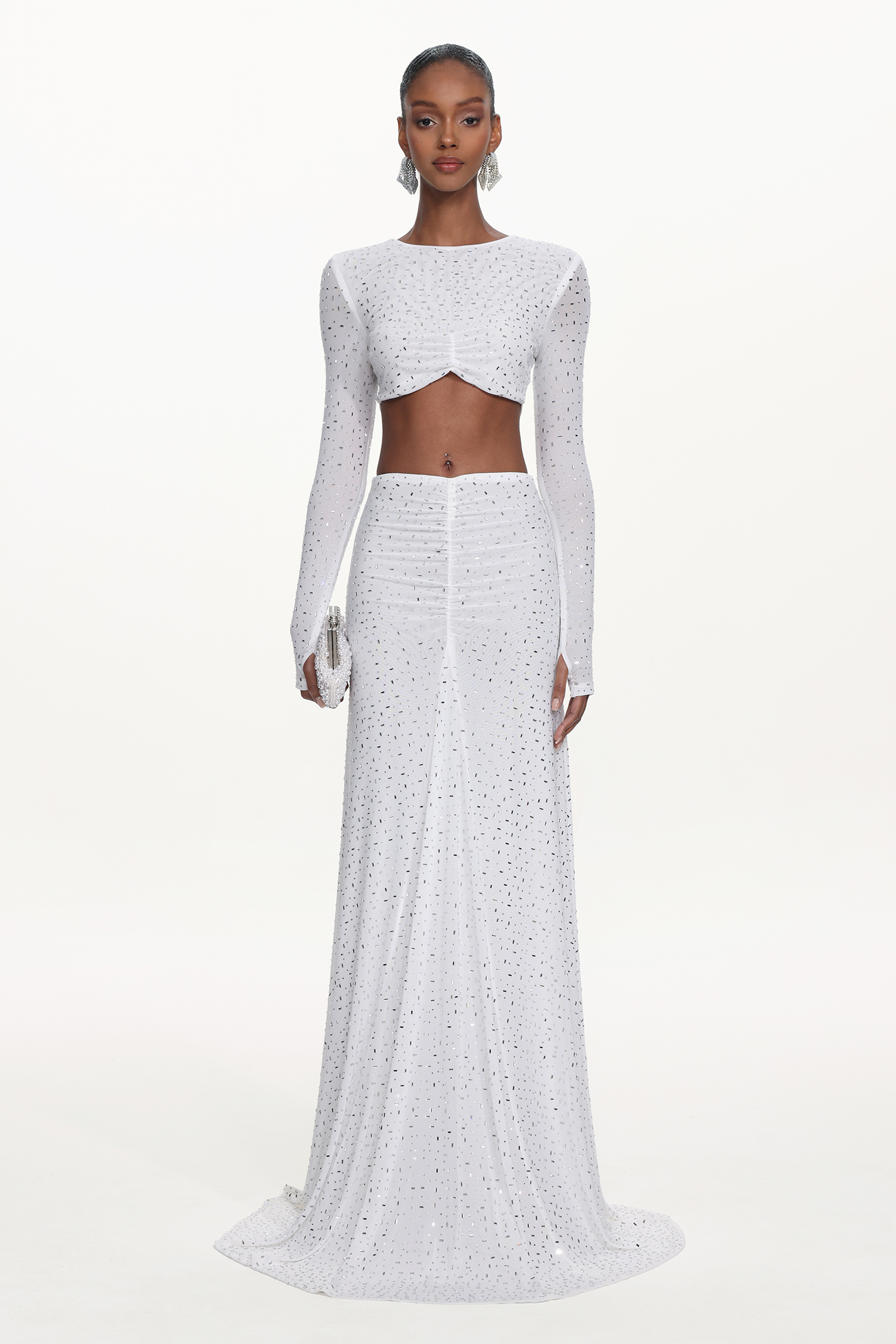 Elva Chic Contour Long Sleeve Ruched Crystal Top and Skirt Set