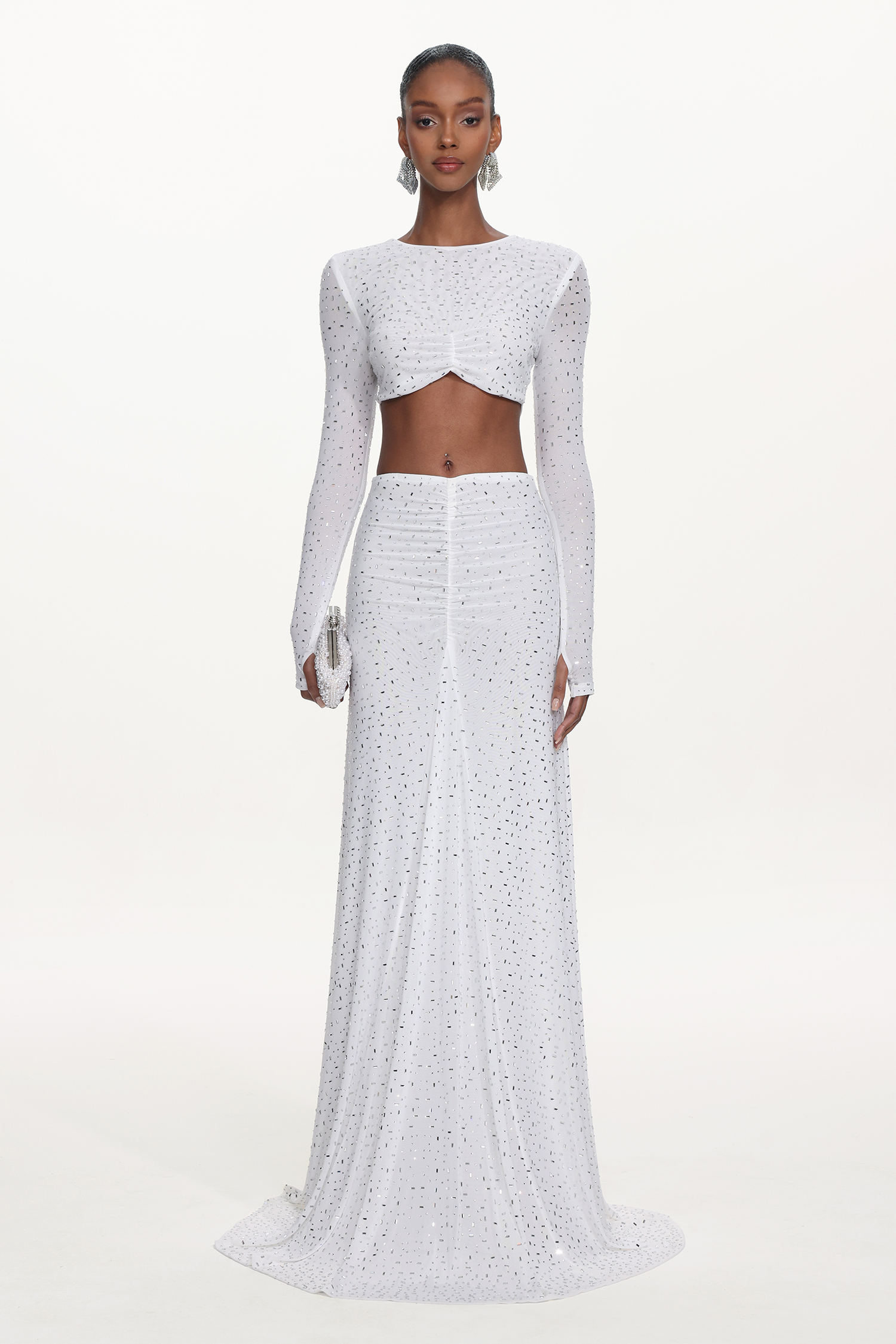 Elva Chic Contour Long Sleeve Ruched Crystal Top and Skirt Set