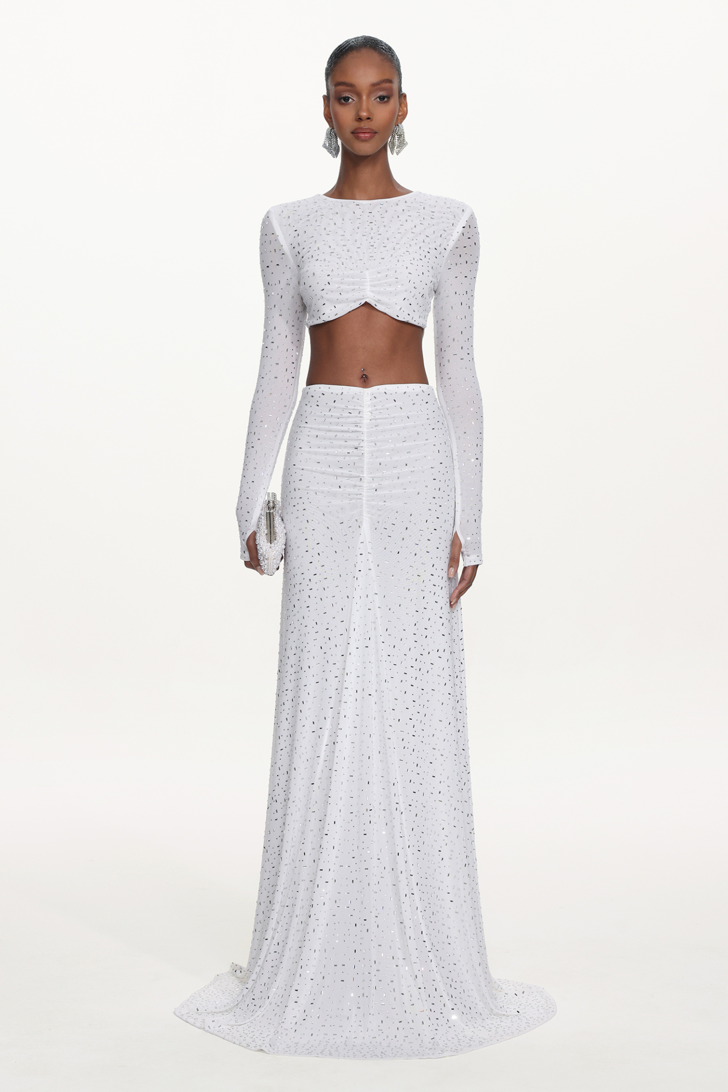 Elva Chic Contour Long Sleeve Ruched Crystal Top and Skirt Set