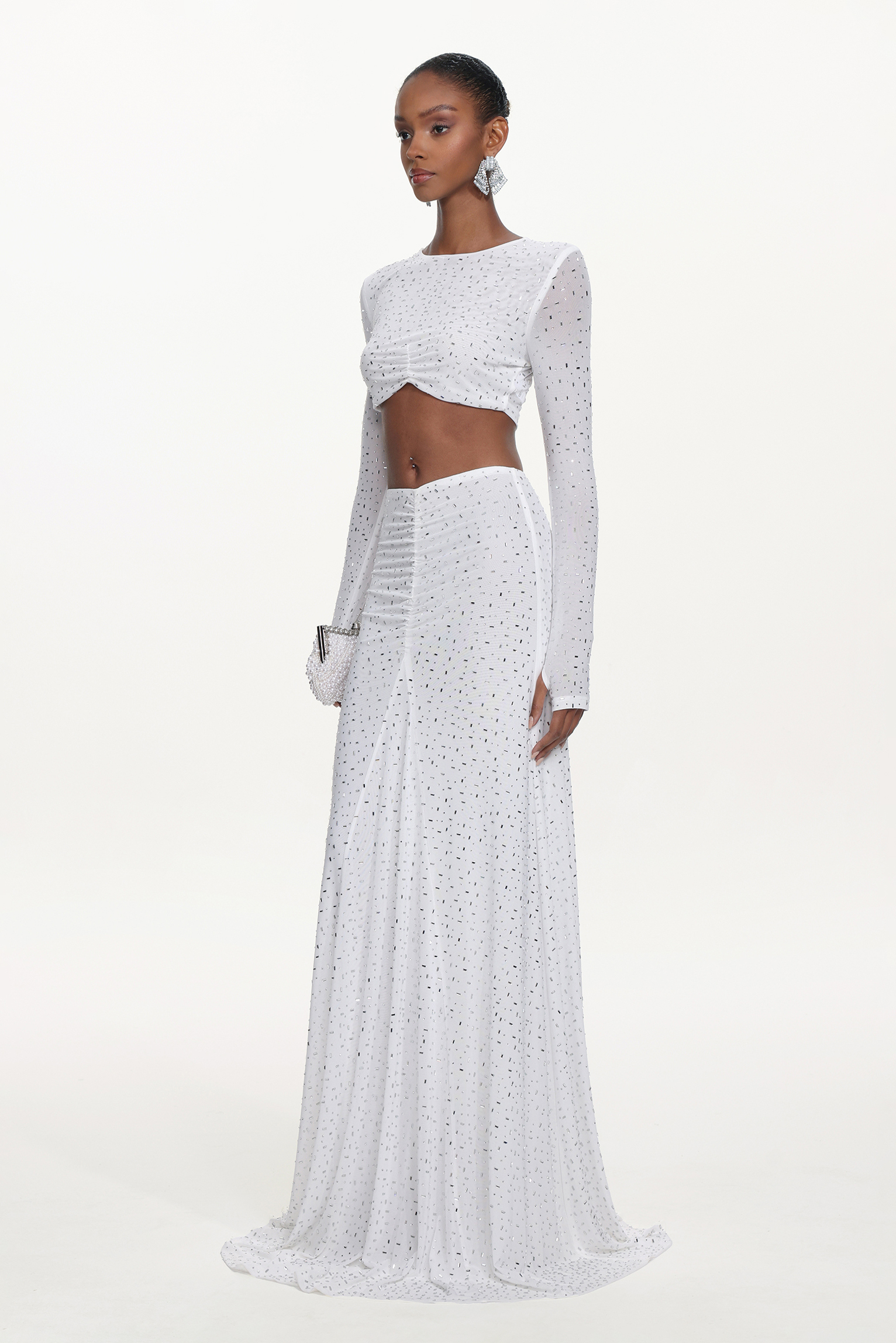 Elva Chic Contour Long Sleeve Ruched Crystal Top and Skirt Set