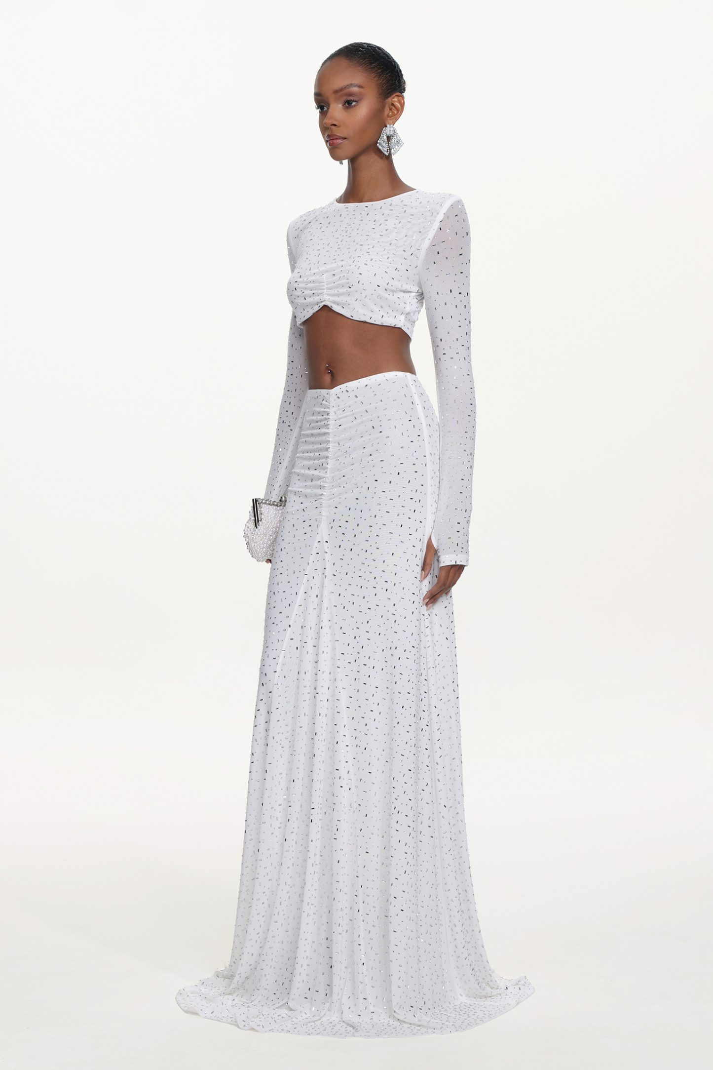 Elva Chic Contour Long Sleeve Ruched Crystal Top and Skirt Set